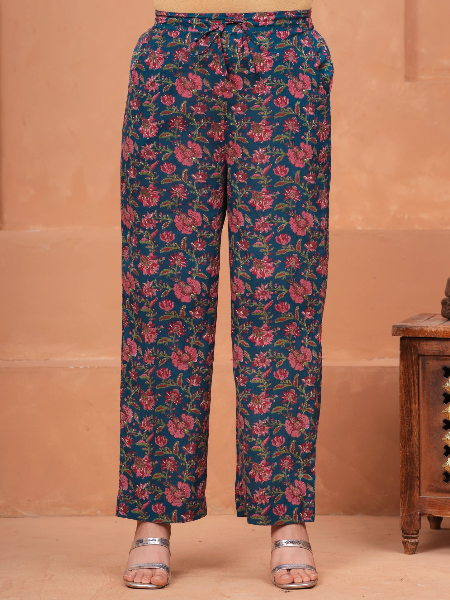 Embroidered Soft Cotton Block Print Flared Blue