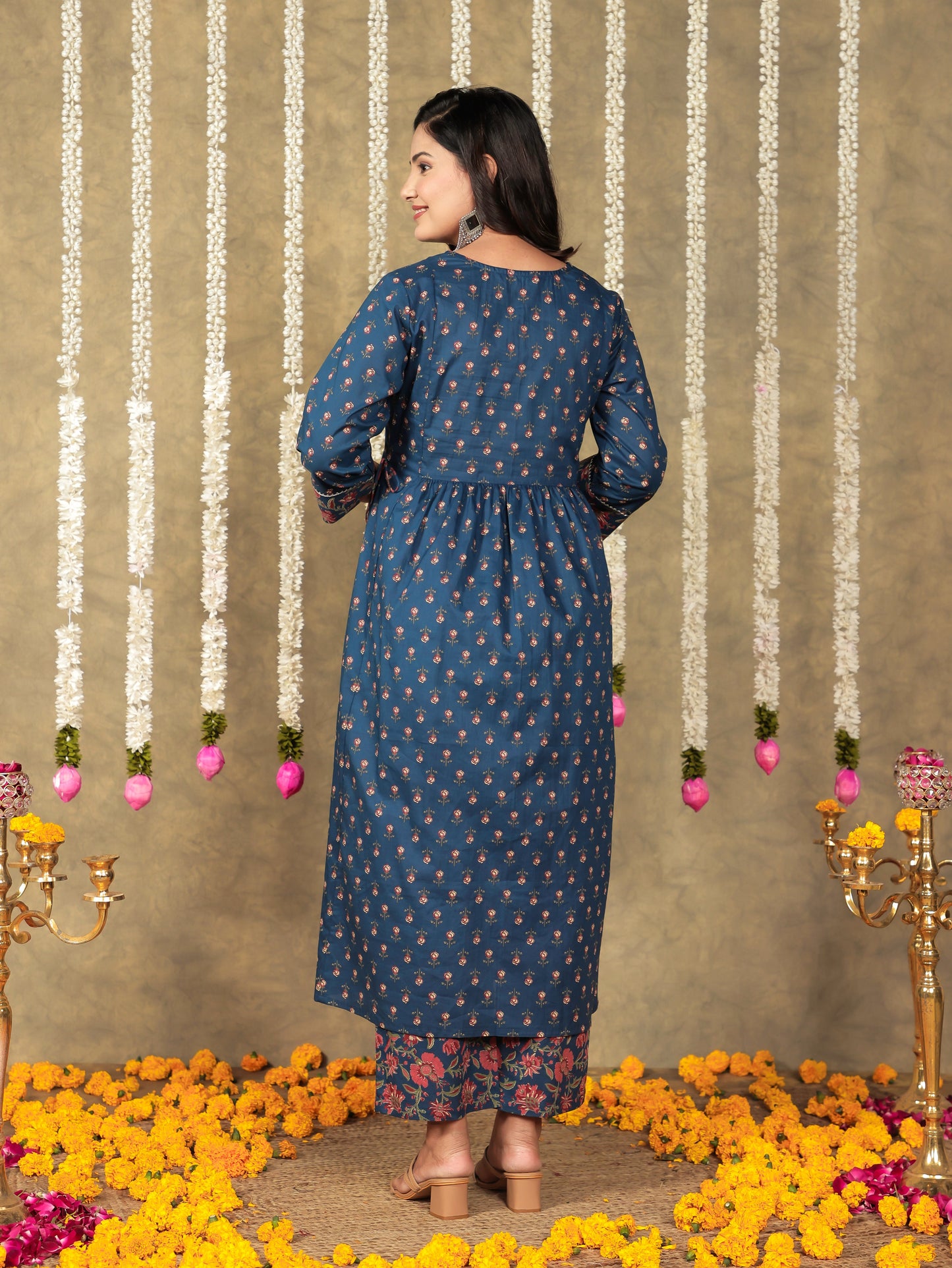 Embroidered Soft Cotton Block A-line Blue Kurta