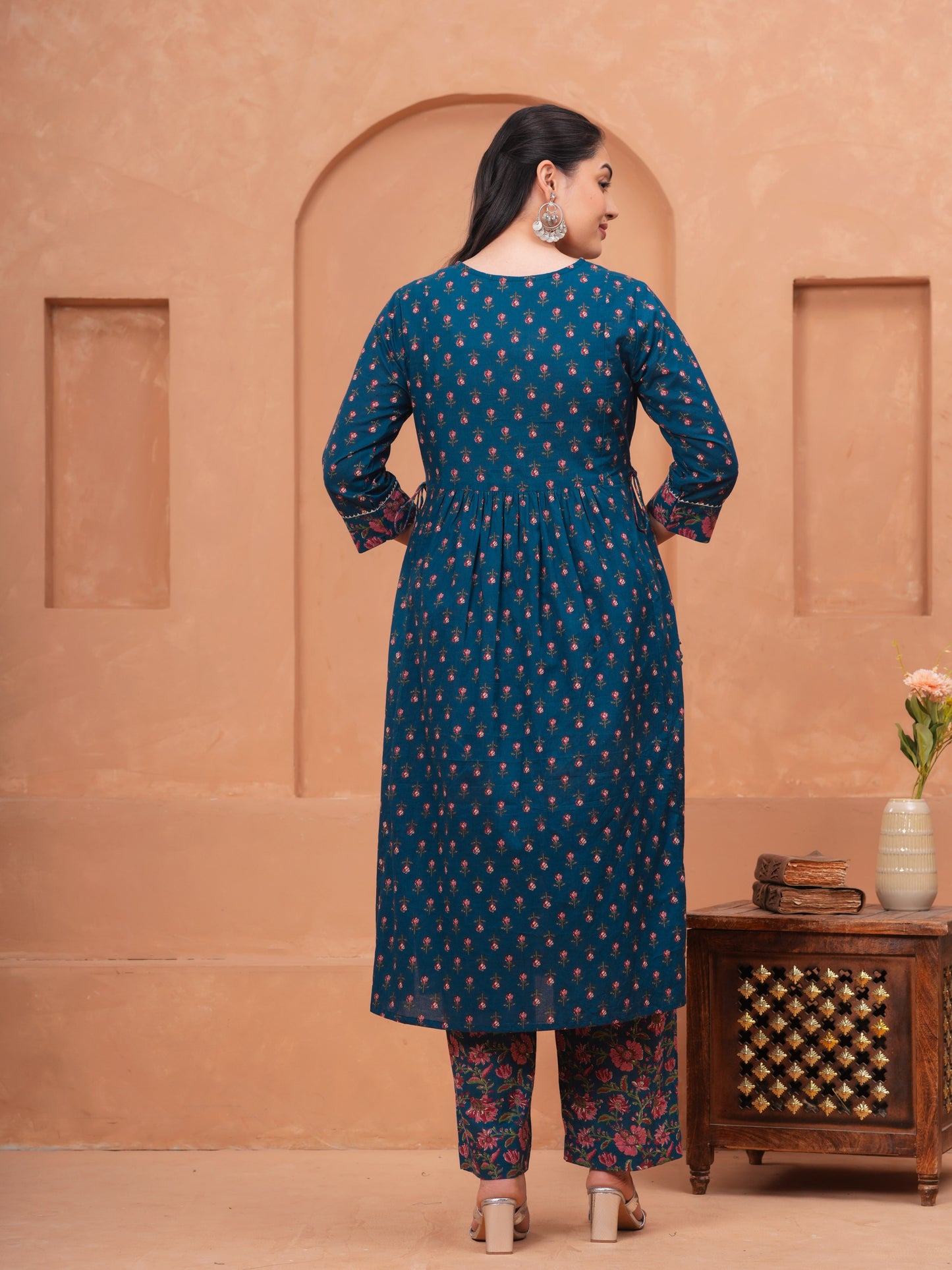Embroidered Soft Cotton Block Print Flared Blue