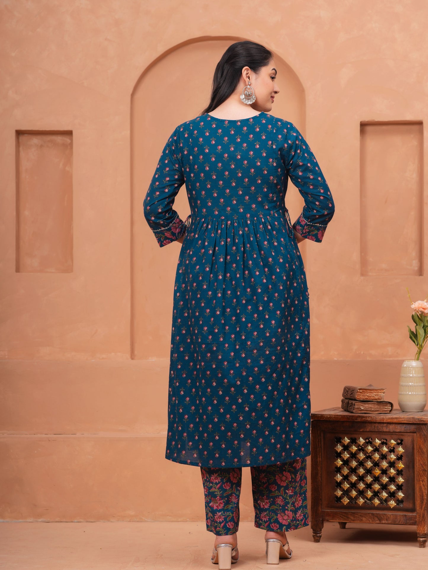 Embroidered Soft Cotton Block Print Flared Blue