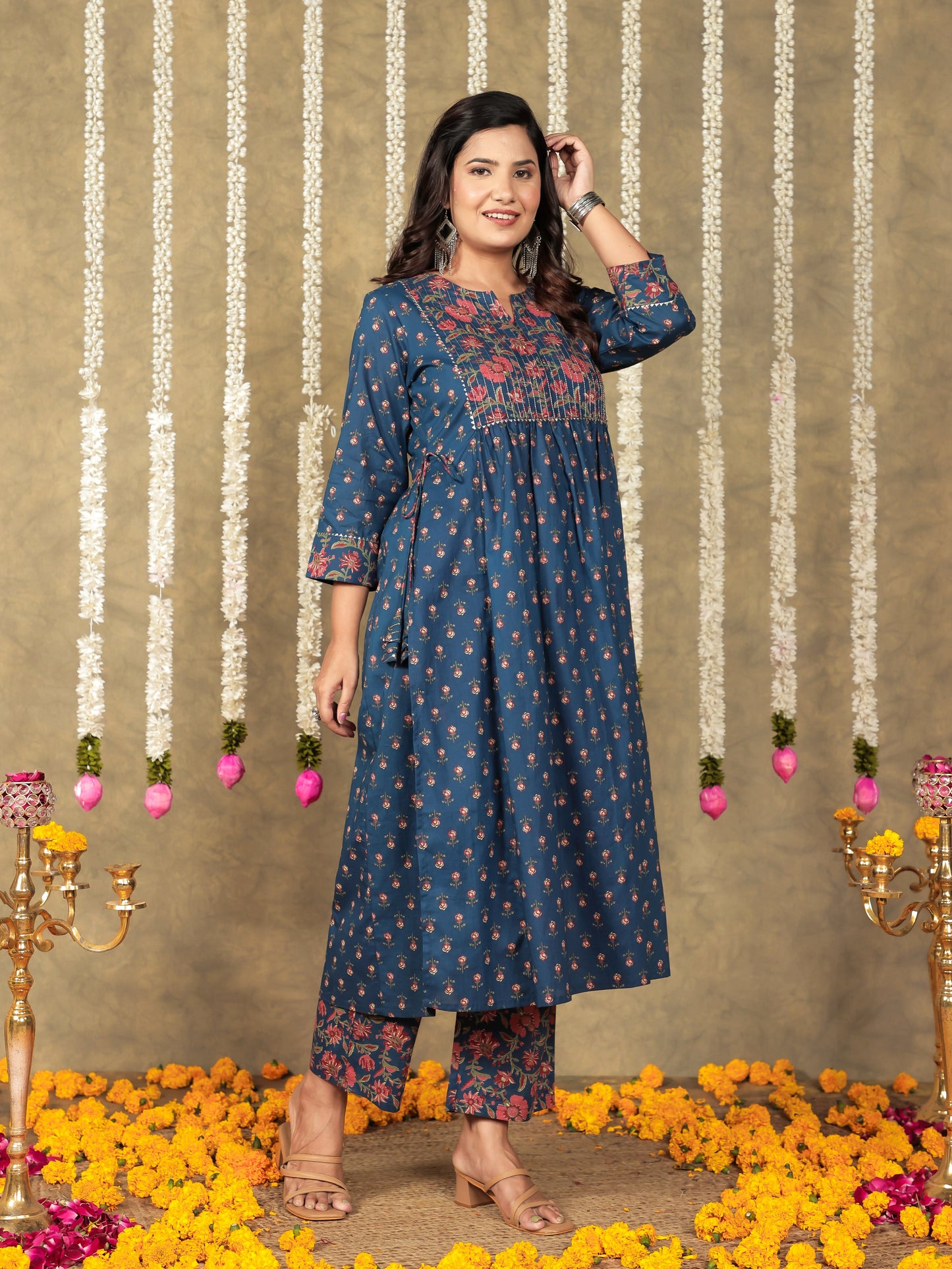 Embroidered Soft Cotton Block A-line Blue Kurta