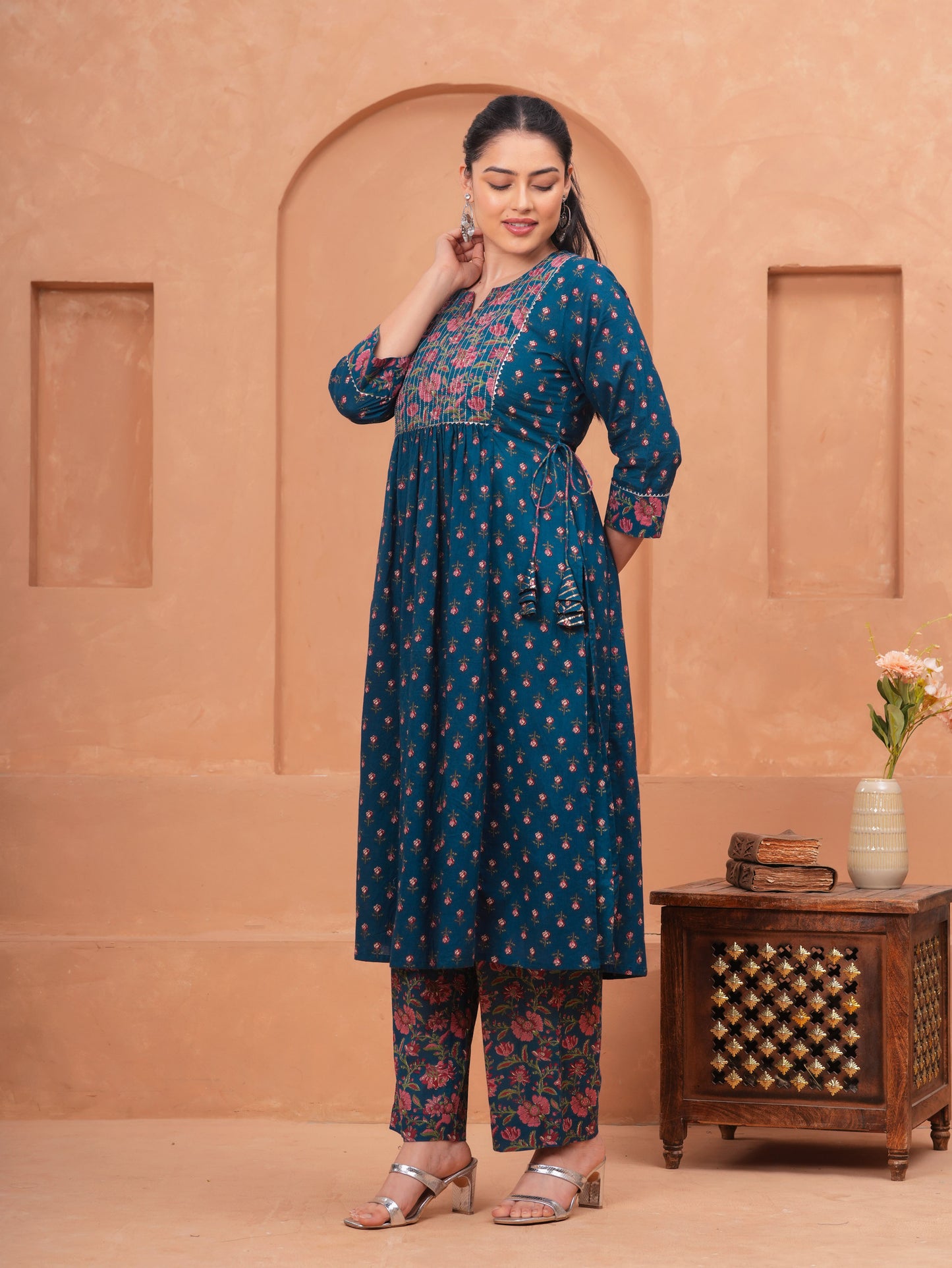 Embroidered Soft Cotton Block Print Flared Blue