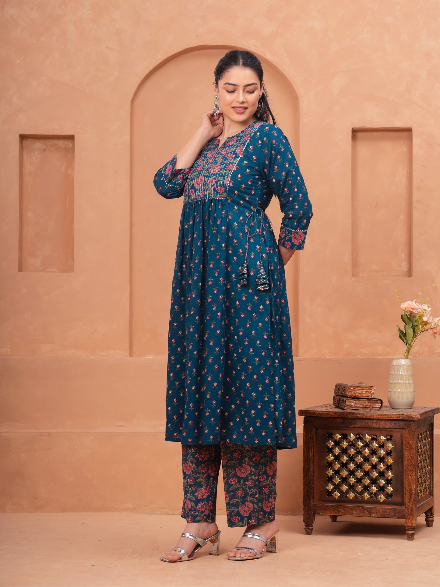Embroidered Soft Cotton Block Print Flared Blue