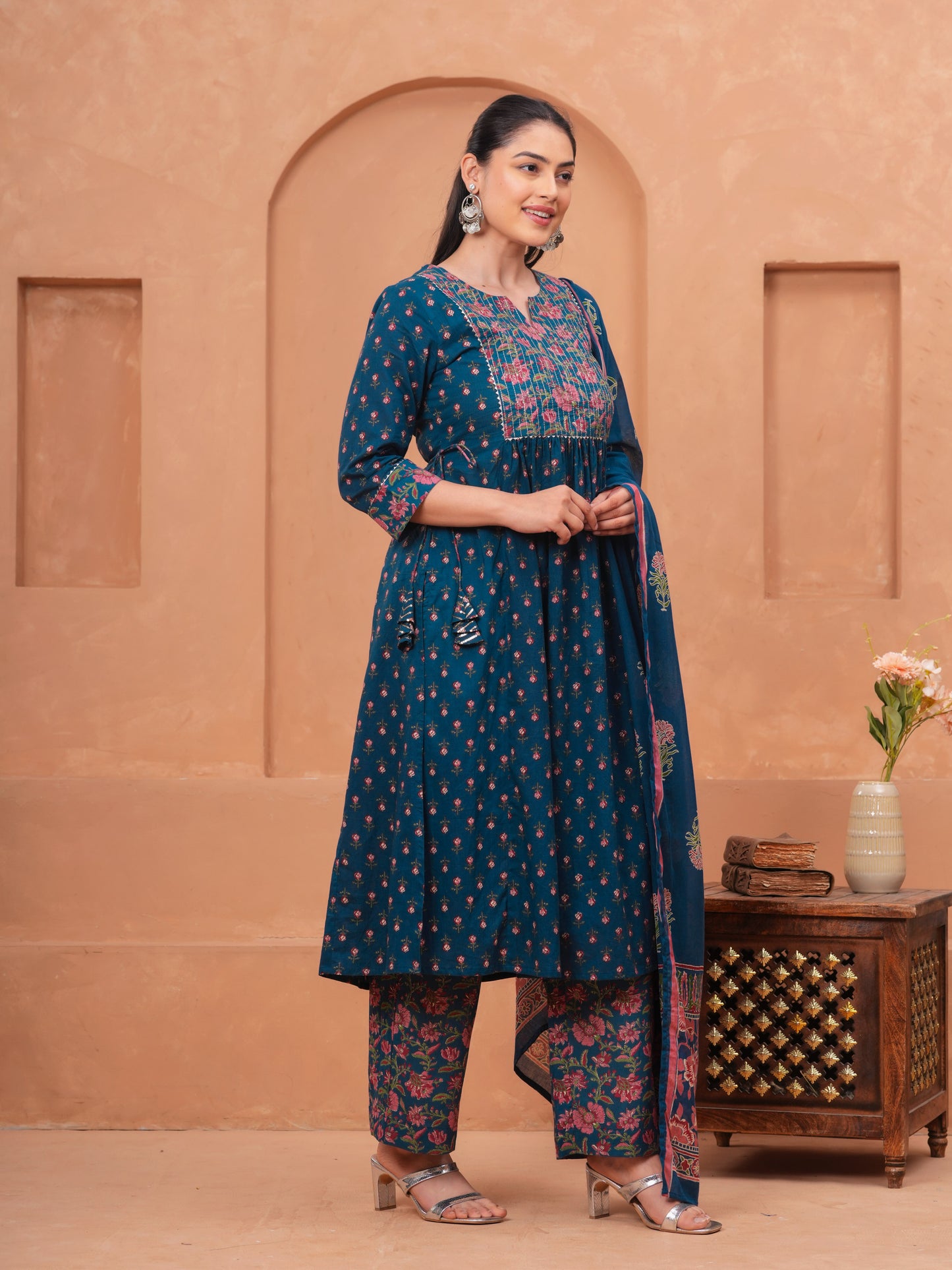 Embroidered Soft Cotton Block Print Flared Blue