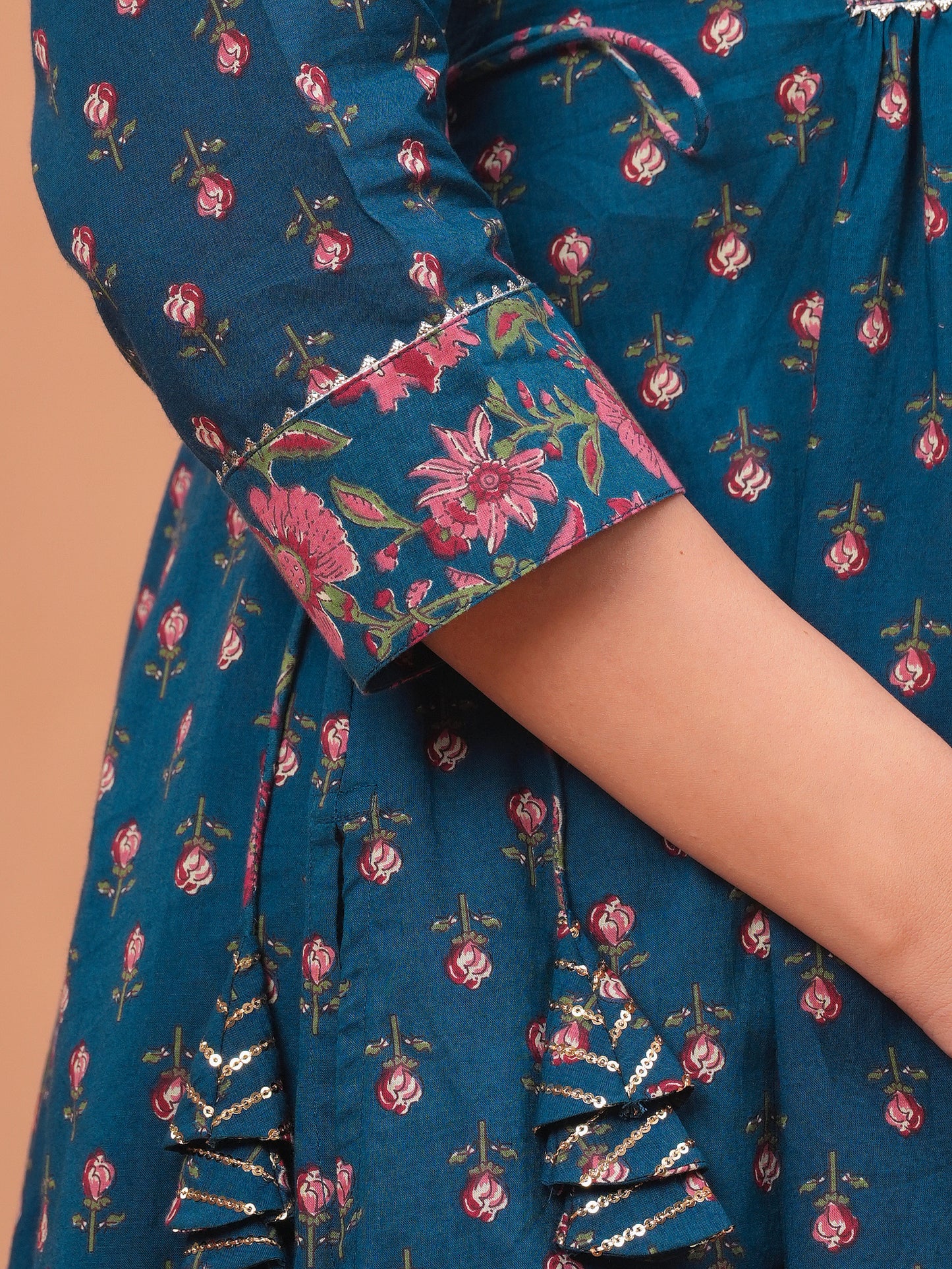 Embroidered Soft Cotton Block Print Flared Blue