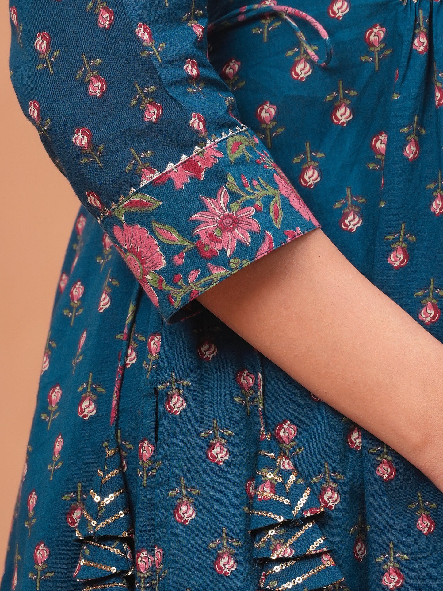 Embroidered Soft Cotton Block Print Flared Blue