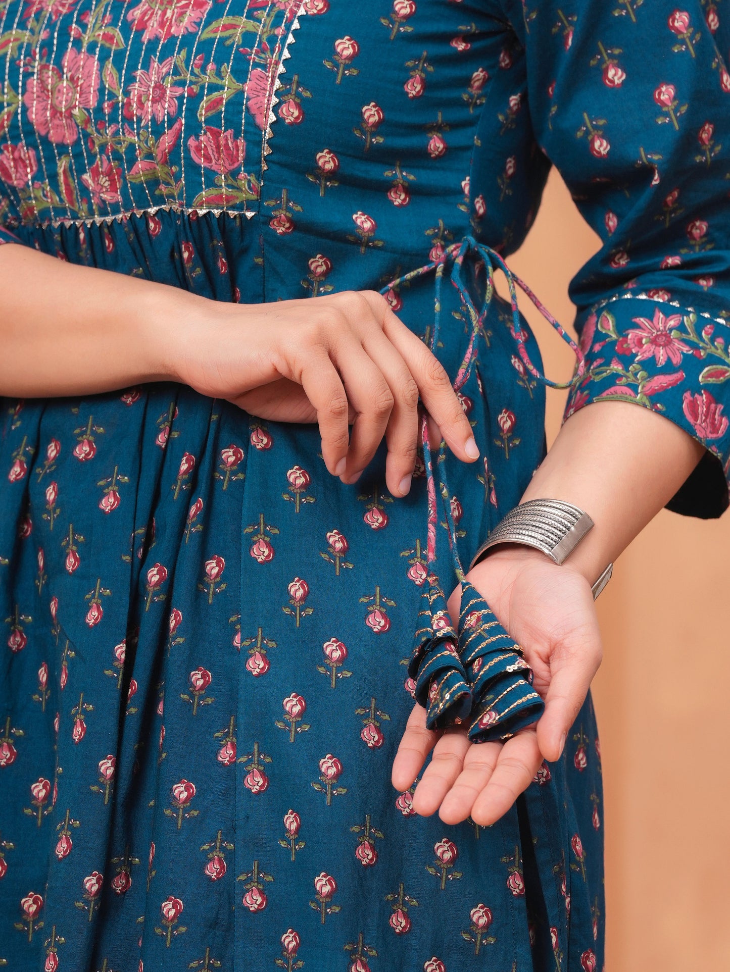 Embroidered Soft Cotton Block Print Flared Blue