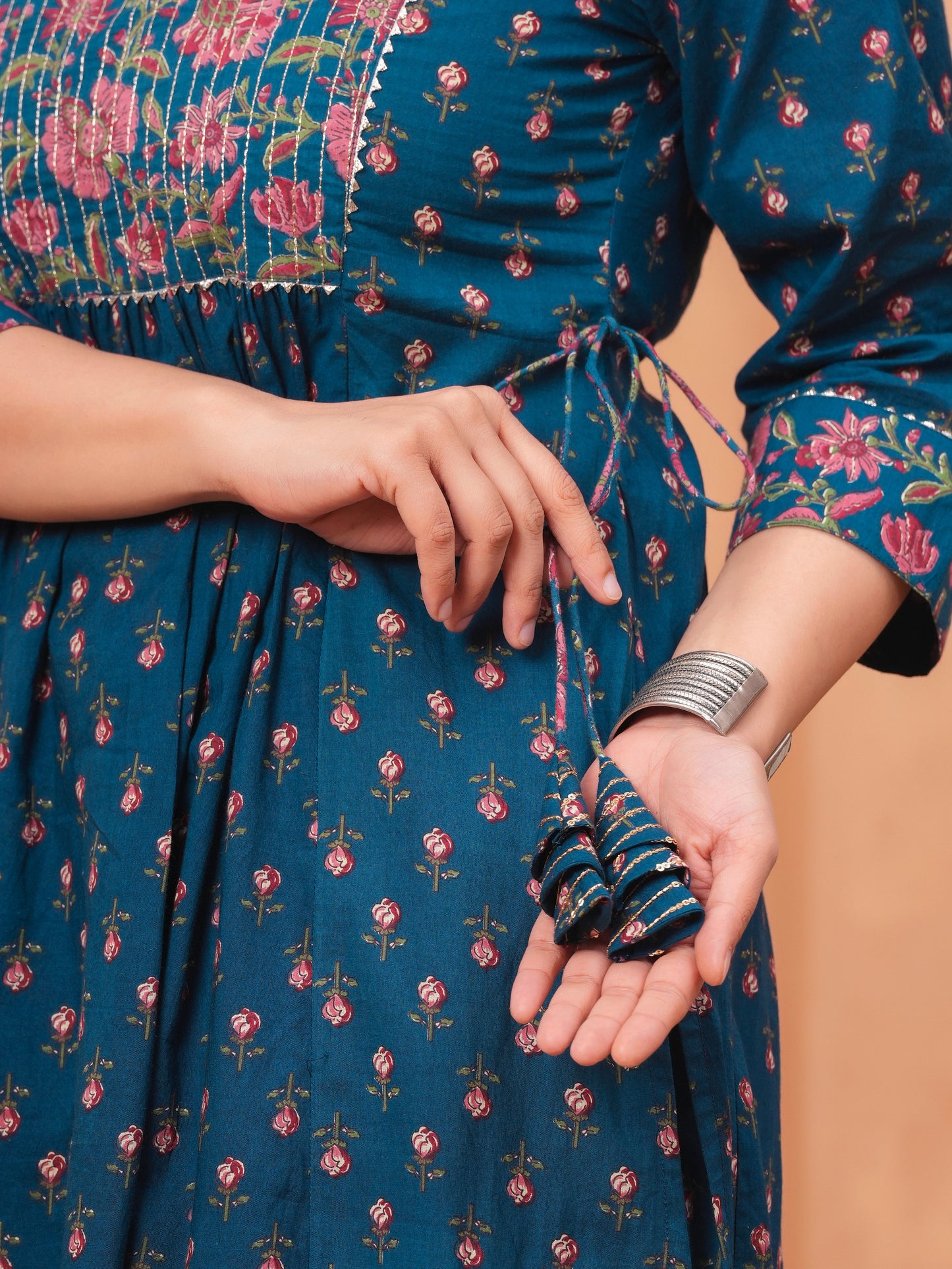 Embroidered Soft Cotton Block Print Flared Blue