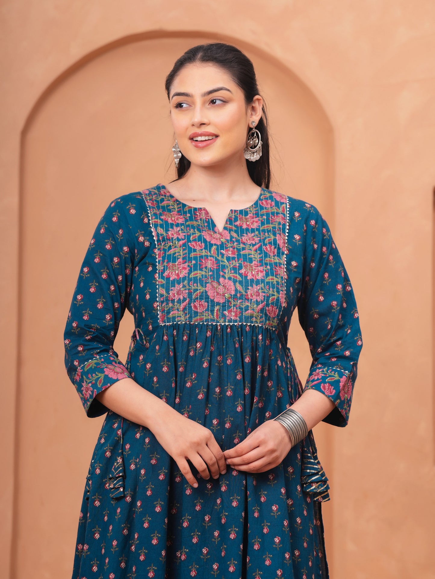 Embroidered Soft Cotton Block Print Flared Blue
