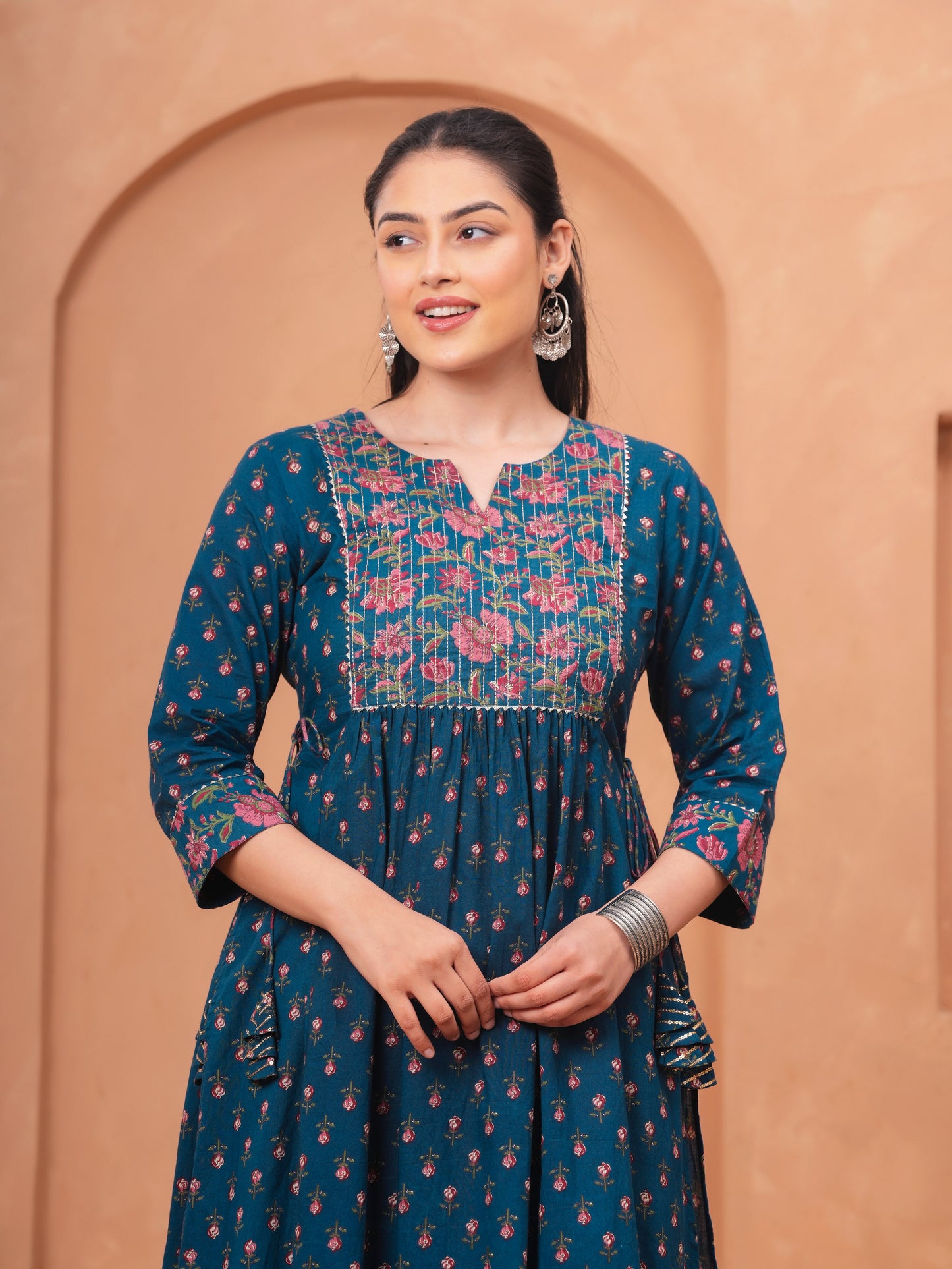 Embroidered Soft Cotton Block Print Flared Blue