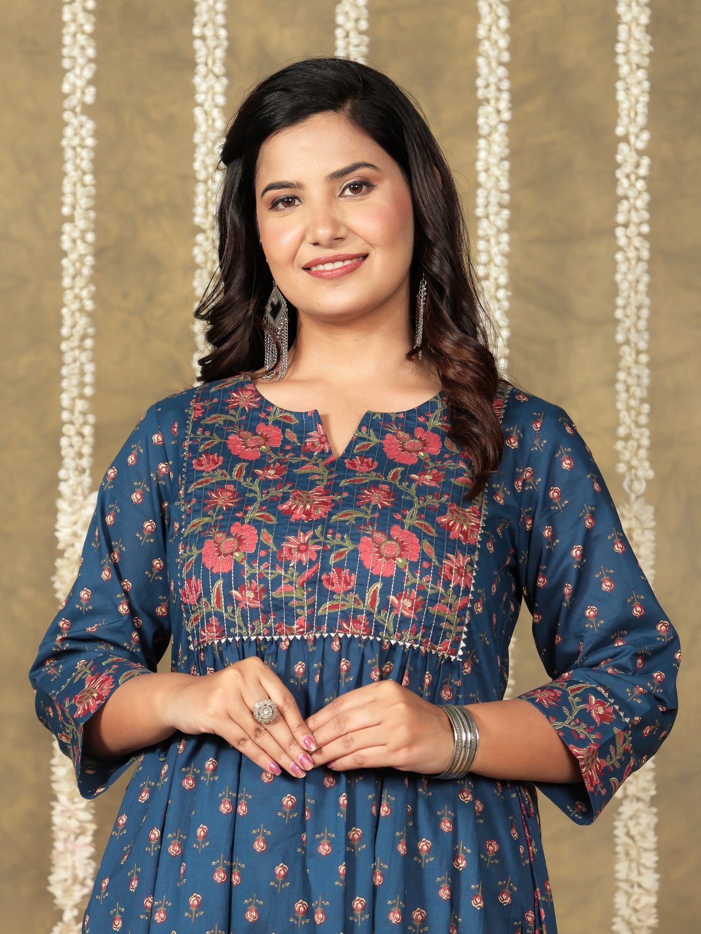 Embroidered Soft Cotton Block A-line Blue Kurta