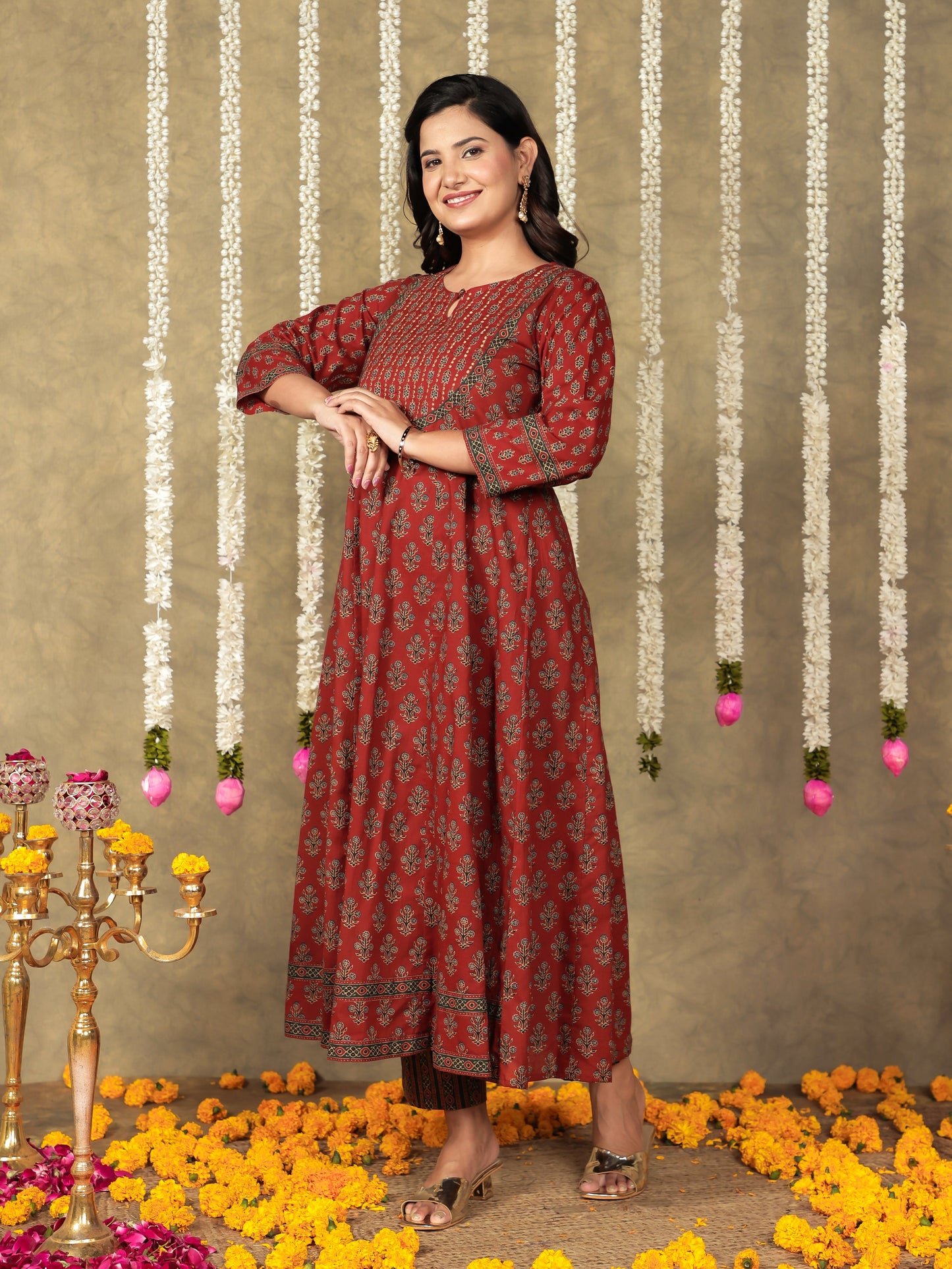 Soft Cotton Butti Anarkali Brown Kurta
