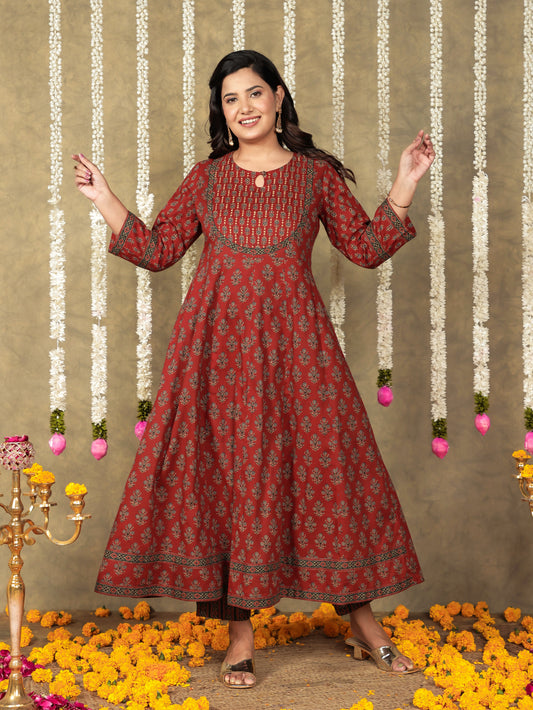Soft Cotton Butti Anarkali Brown Kurta