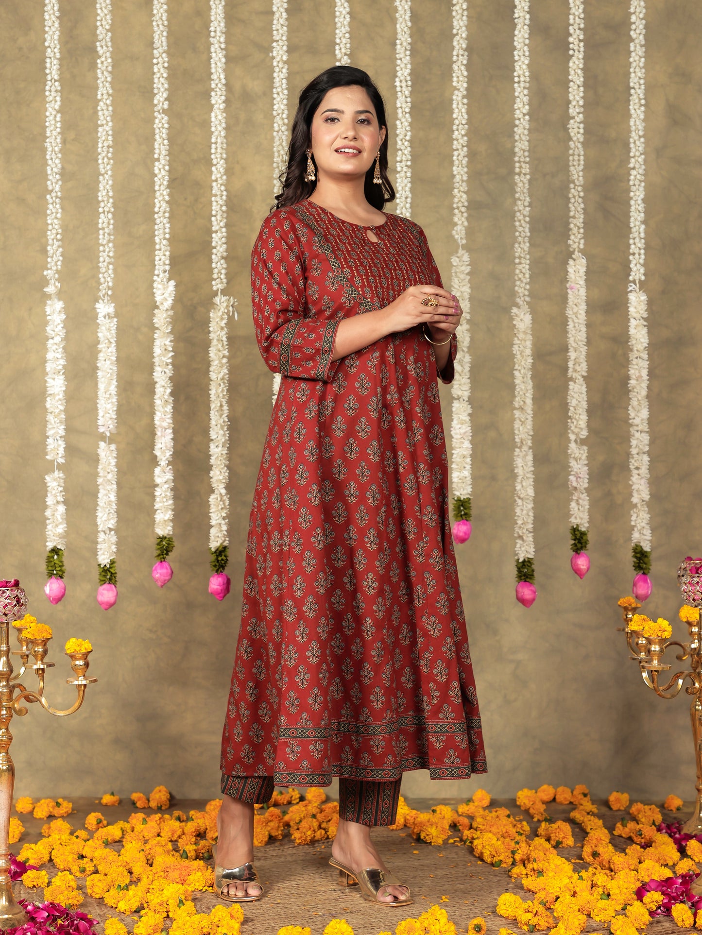 Soft Cotton Butti Anarkali Brown Kurta