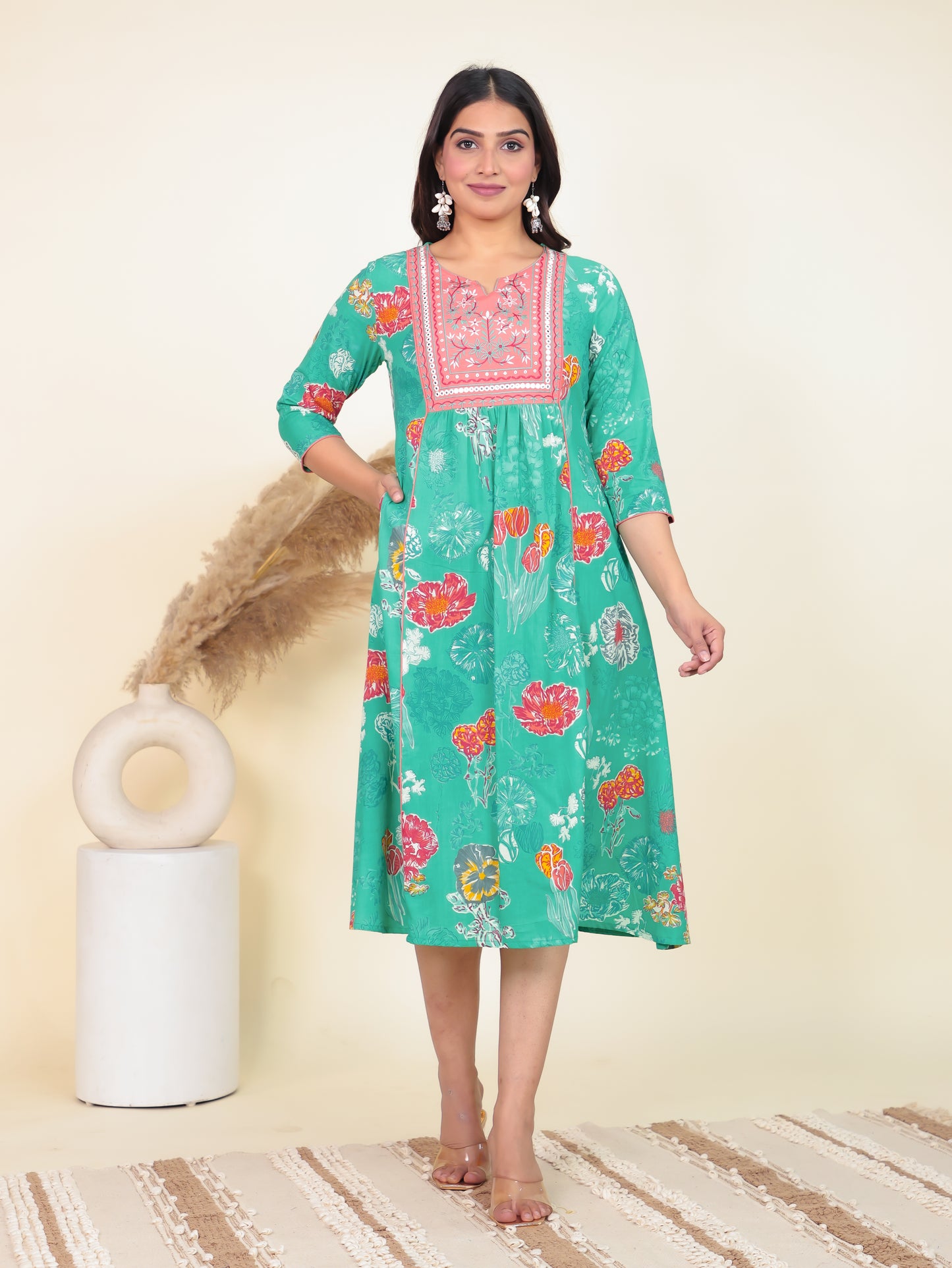 Soft Cotton Floral Panelled Green Dress