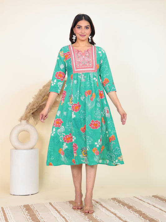 Soft Cotton Floral Panelled Green Dress