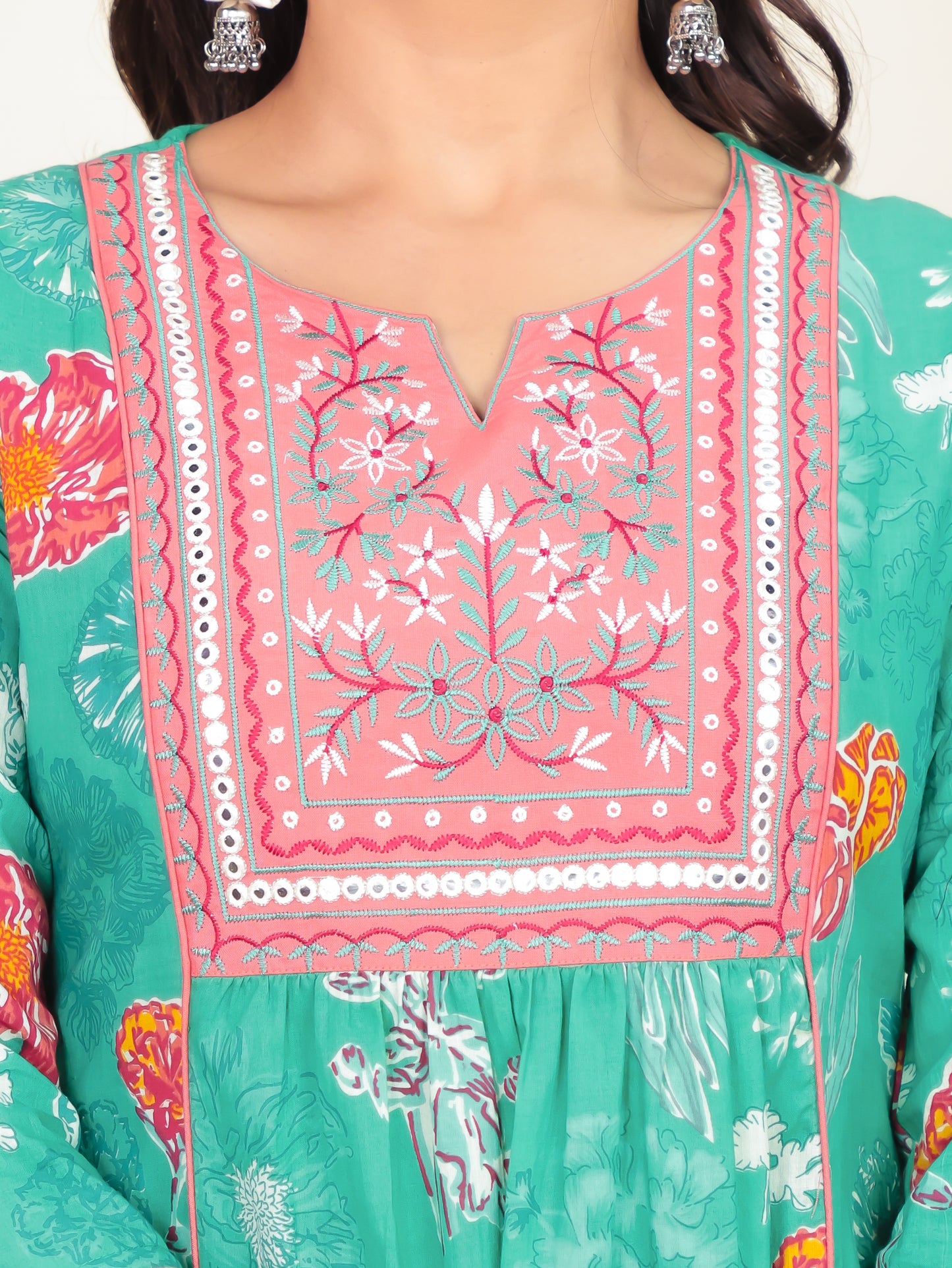 Soft Cotton Floral Panelled Green Dress