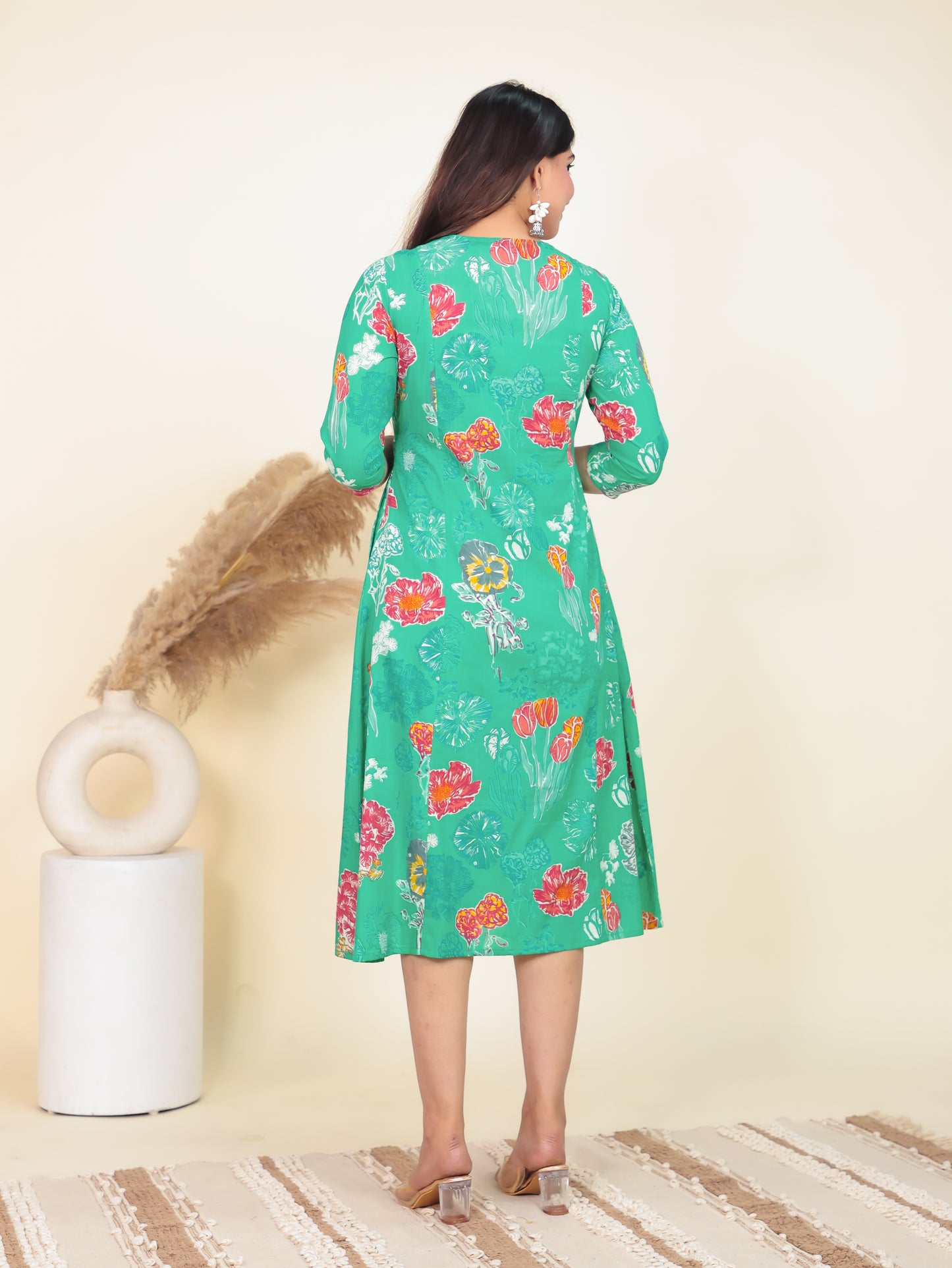 Soft Cotton Floral Panelled Green Dress