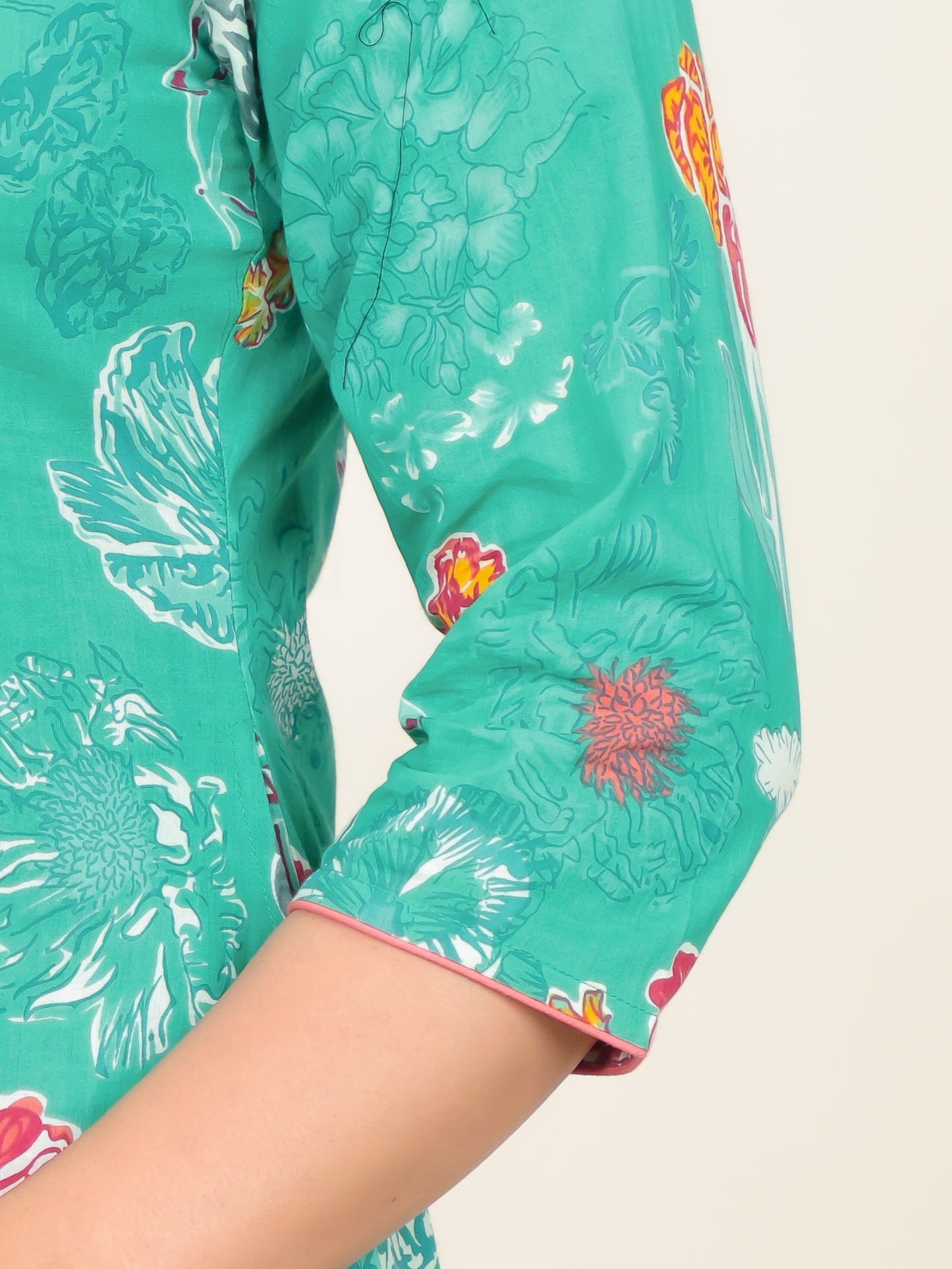 Soft Cotton Floral Panelled Green Dress