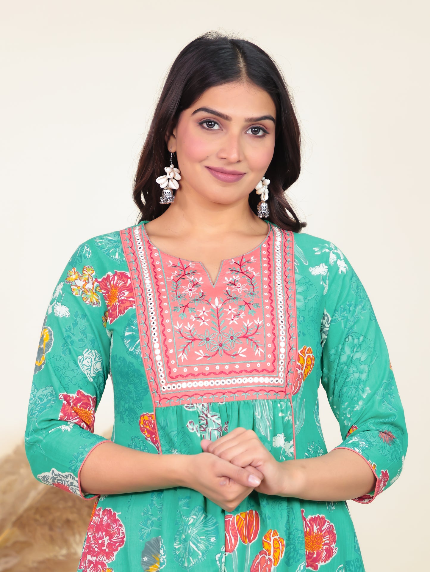 Soft Cotton Floral Panelled Green Dress