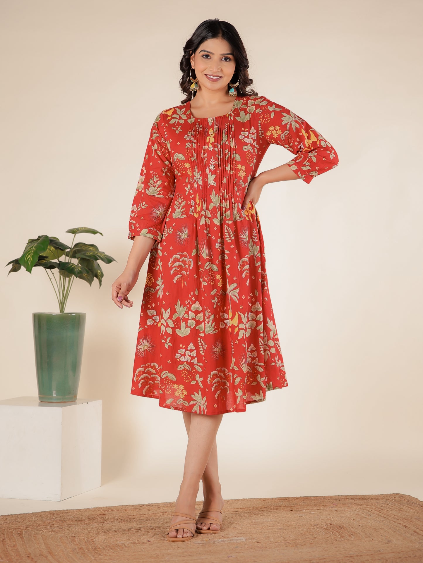 Soft Cotton Floral A-line Red Dress