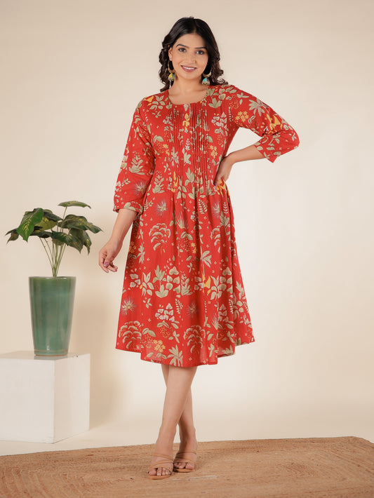 Soft Cotton Floral A-line Red Dress