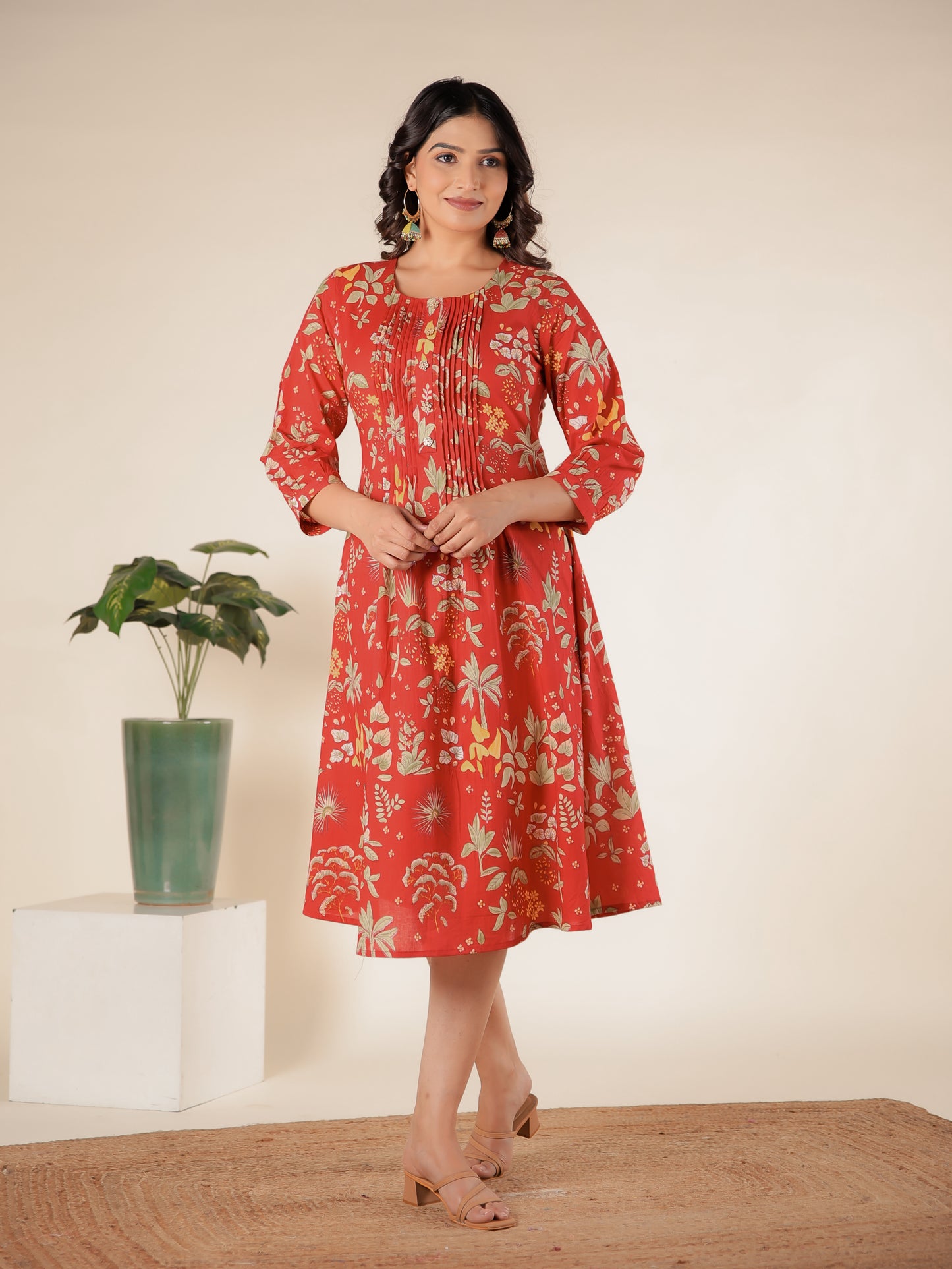 Soft Cotton Floral A-line Red Dress