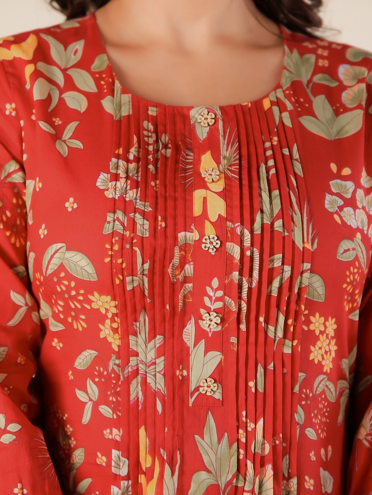Soft Cotton Floral A-line Red Dress