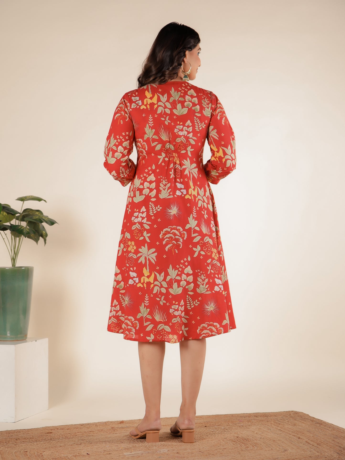 Soft Cotton Floral A-line Red Dress
