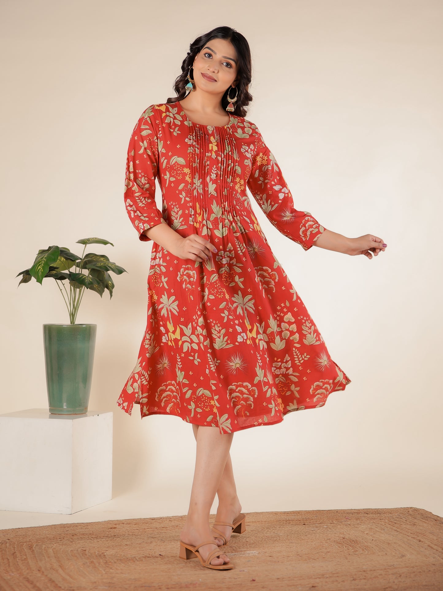 Soft Cotton Floral A-line Red Dress