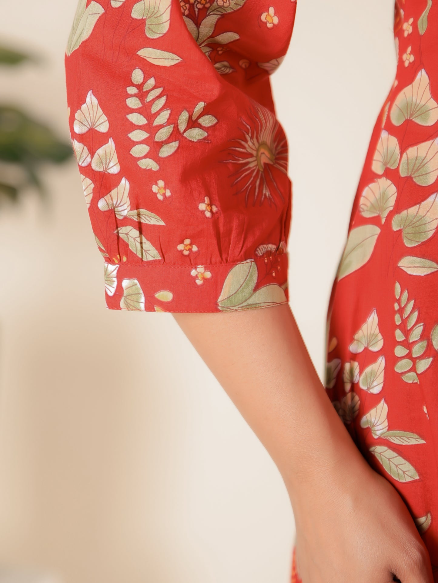 Soft Cotton Floral A-line Red Dress