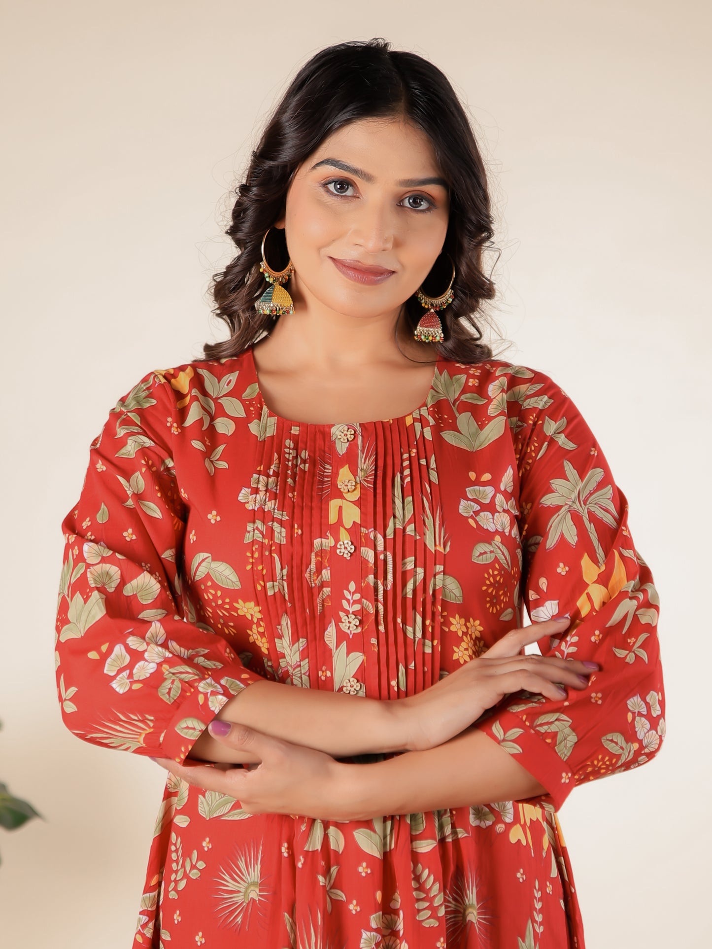 Soft Cotton Floral A-line Red Dress