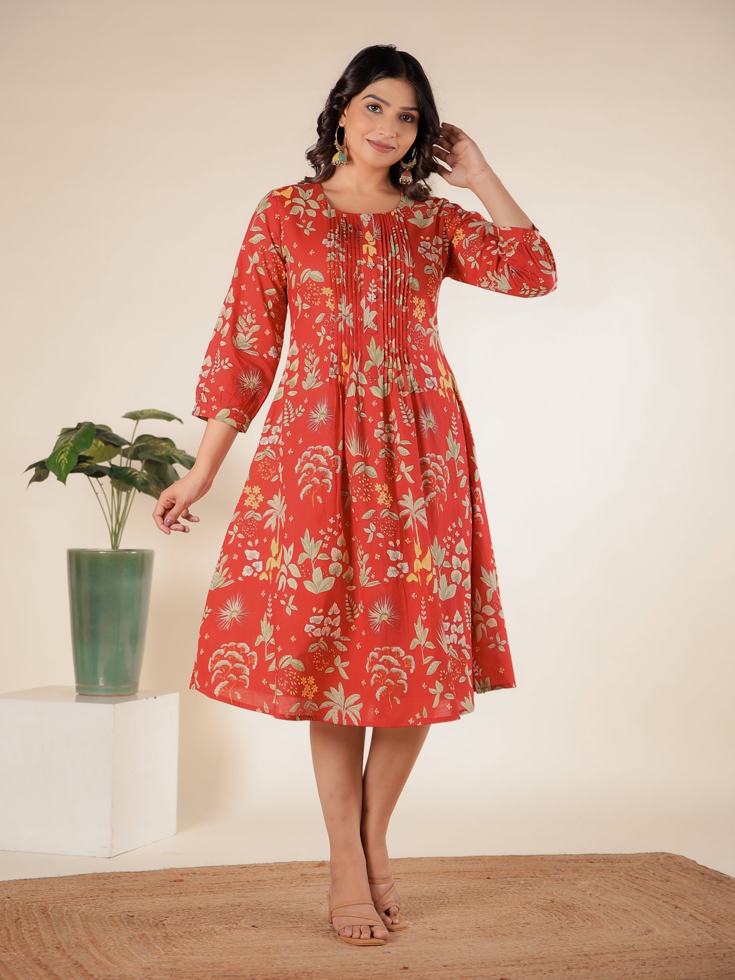 Soft Cotton Floral A-line Red Dress