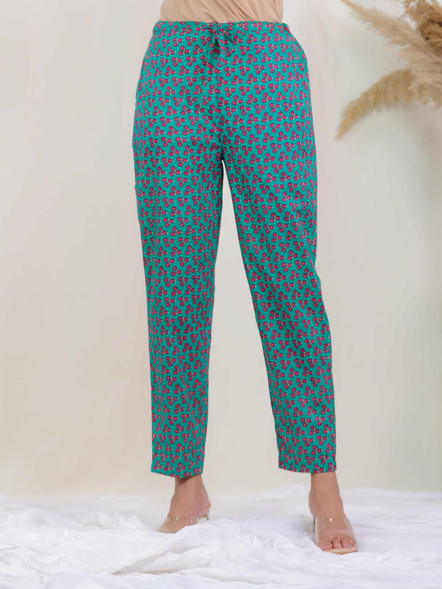 Soft Cotton Floral Green Tapered Trousers