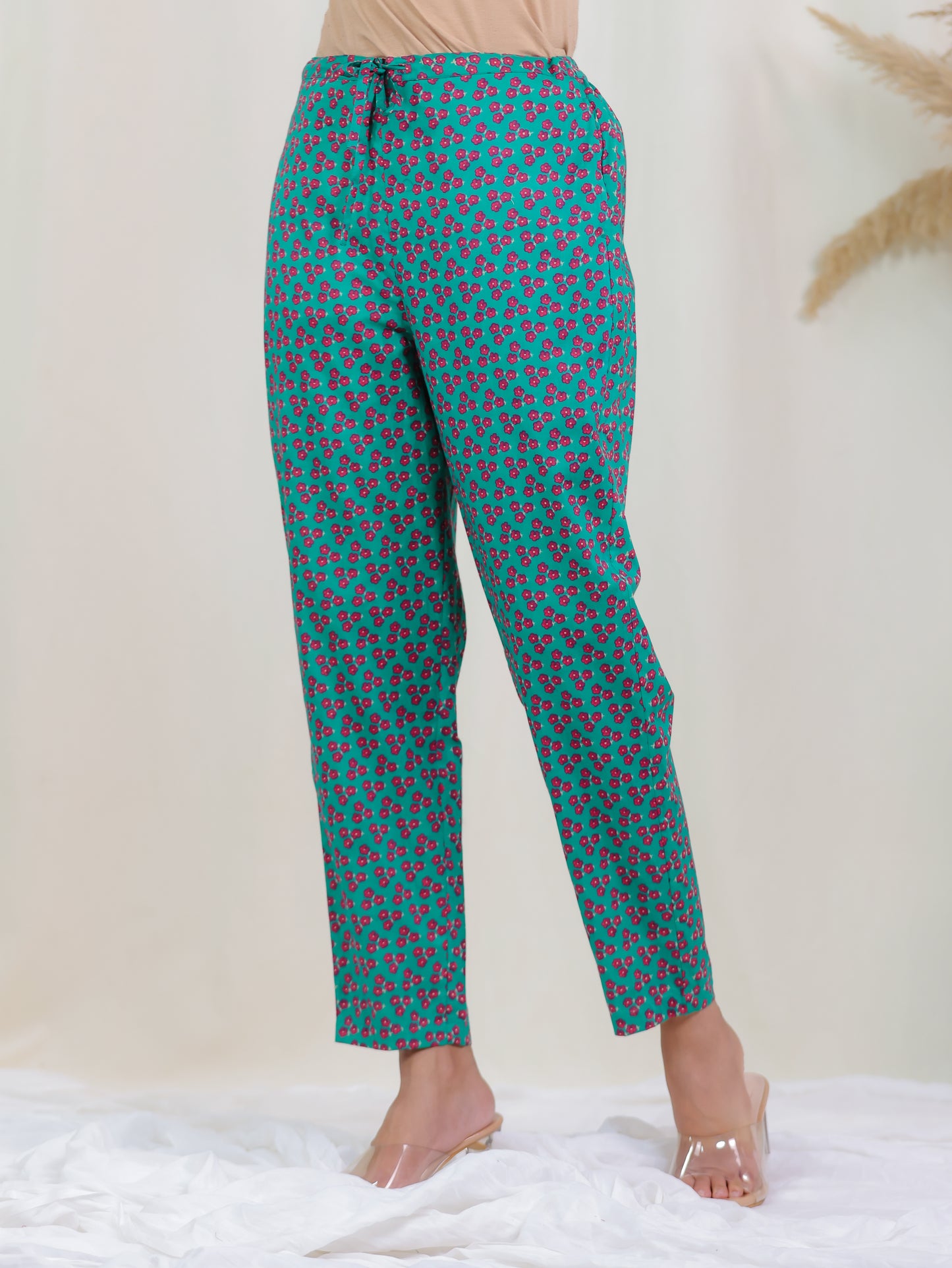 Soft Cotton Floral Green Tapered Trousers