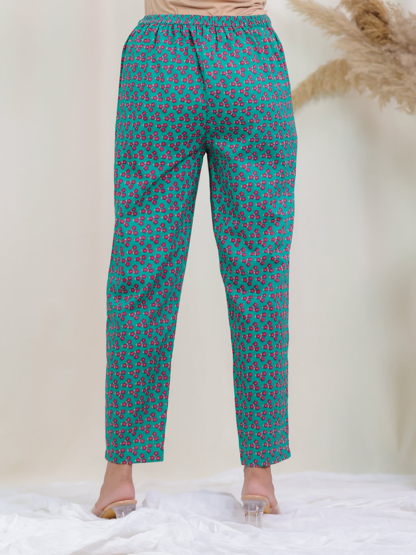 Soft Cotton Floral Green Tapered Trousers