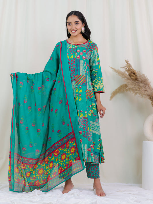 Cotton Voile Floral Green Dupatta