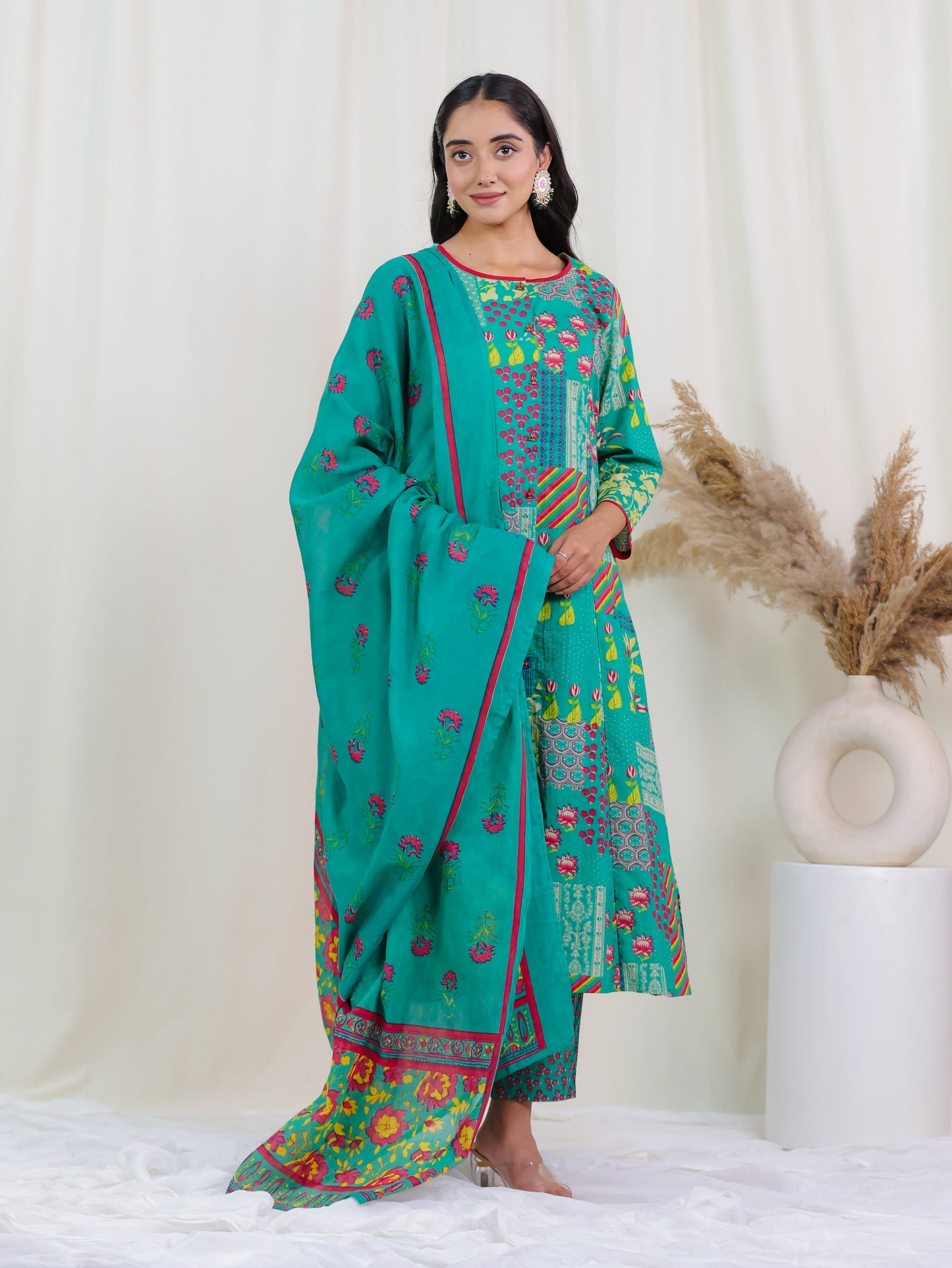 Cotton Voile Floral Green Dupatta