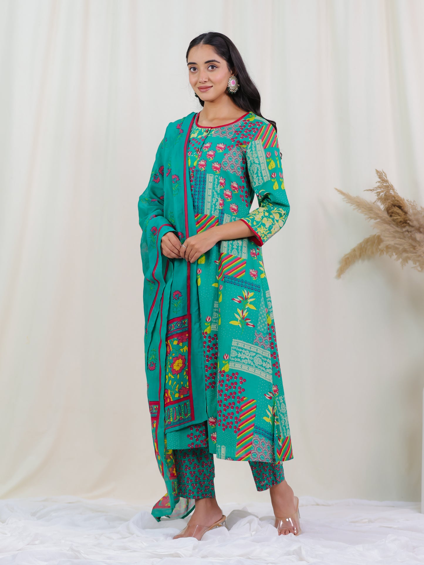 Soft Cotton Abstract Flared Green Kurta
