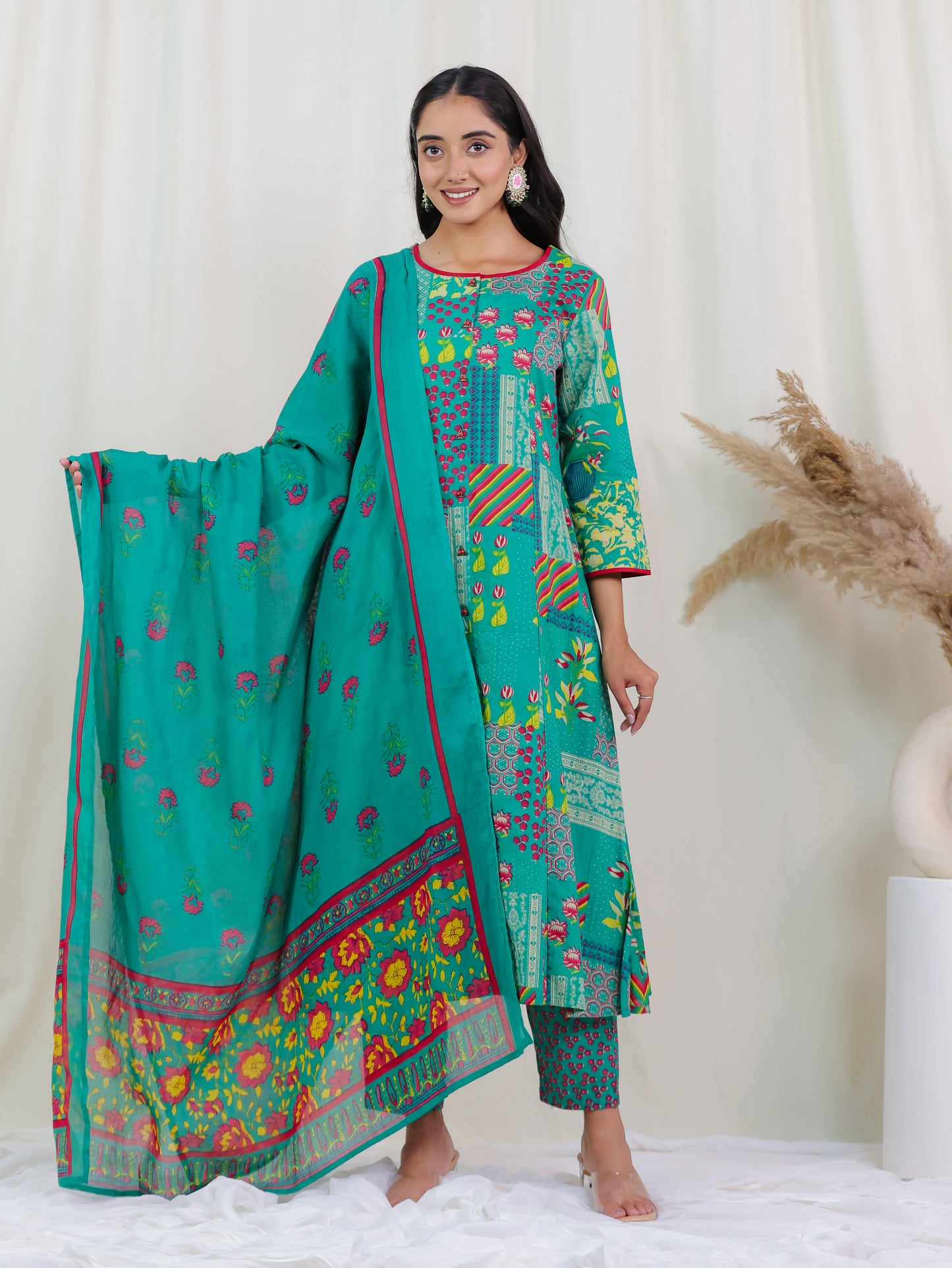 Soft Cotton Abstract Flared Green Kurta