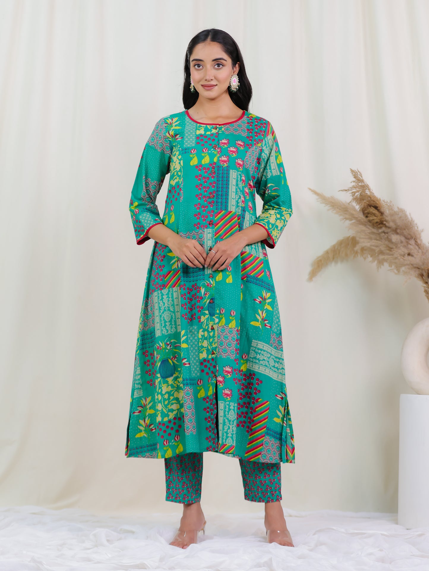 Soft Cotton Abstract Flared Green Kurta