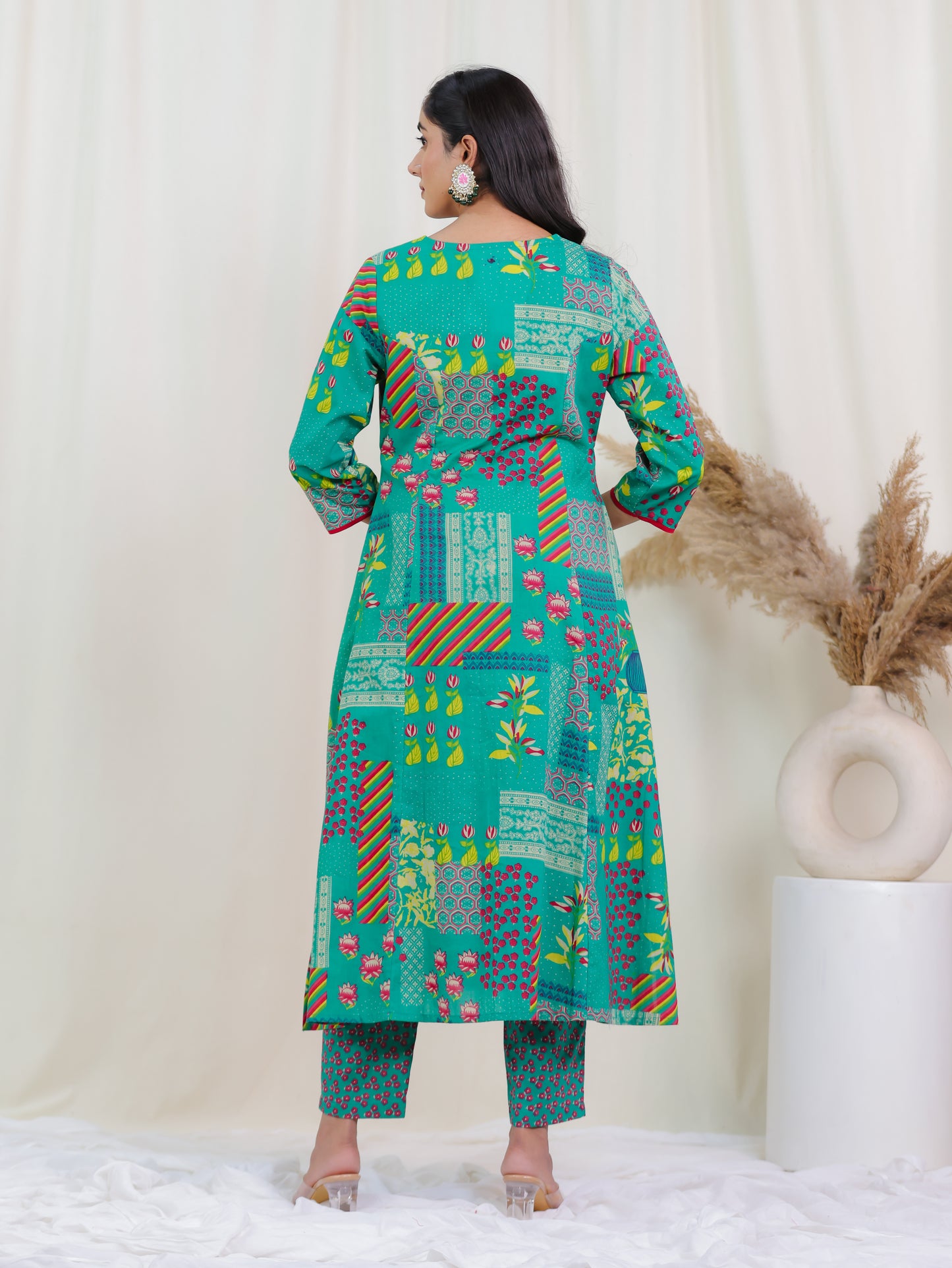 Soft Cotton Abstract Flared Green Kurta