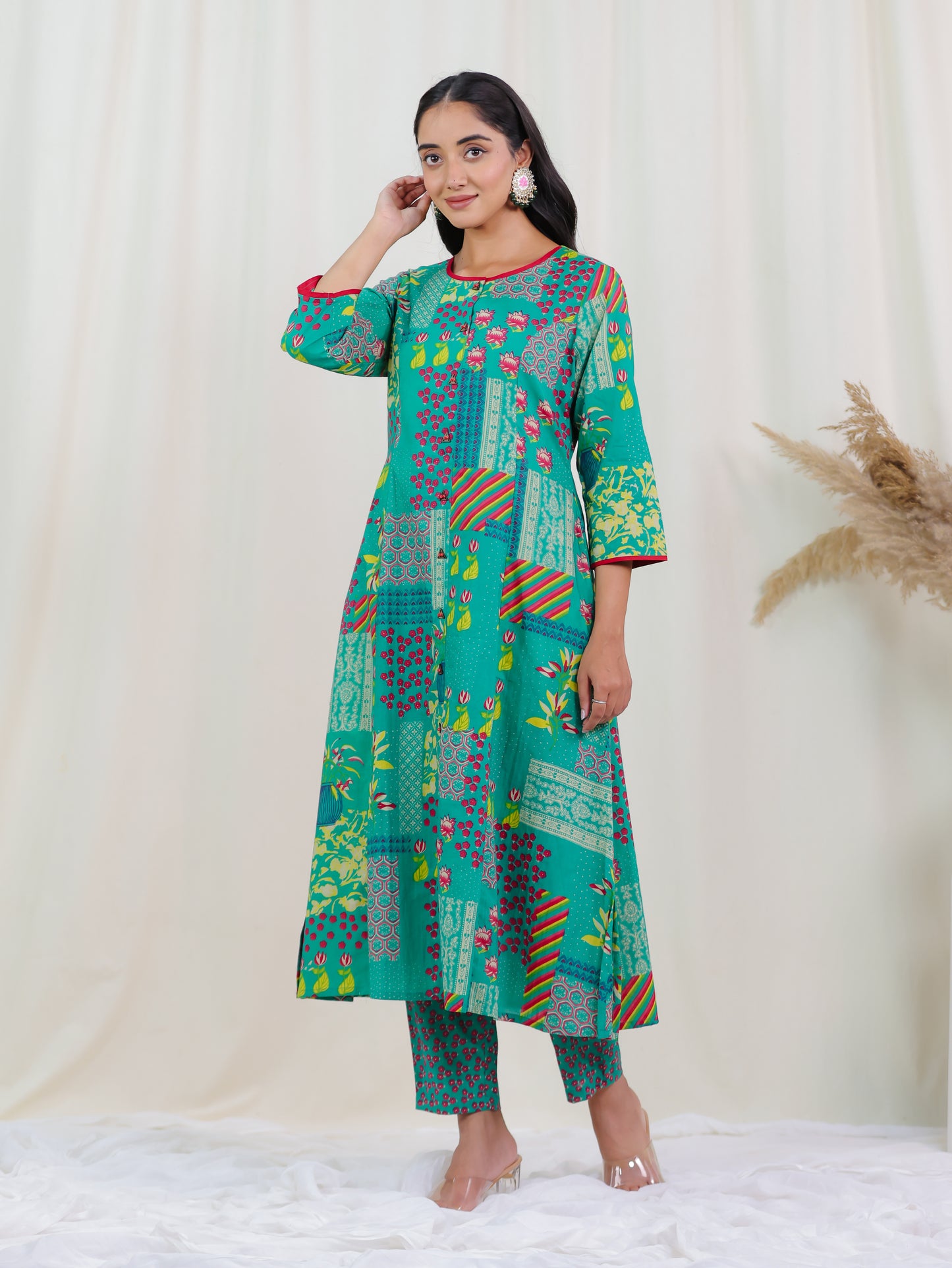 Soft Cotton Abstract Flared Green Kurta