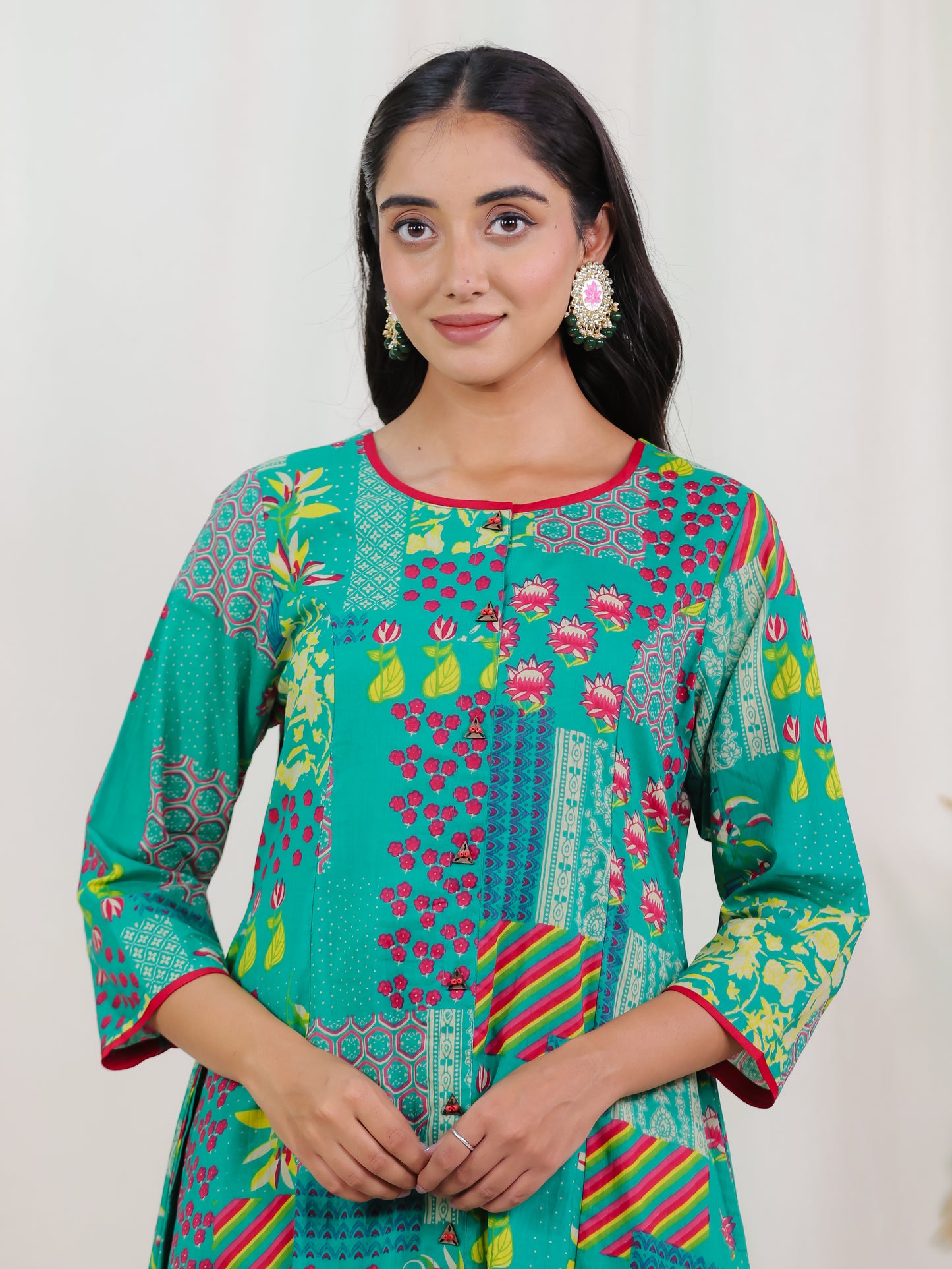 Soft Cotton Abstract Flared Green Kurta
