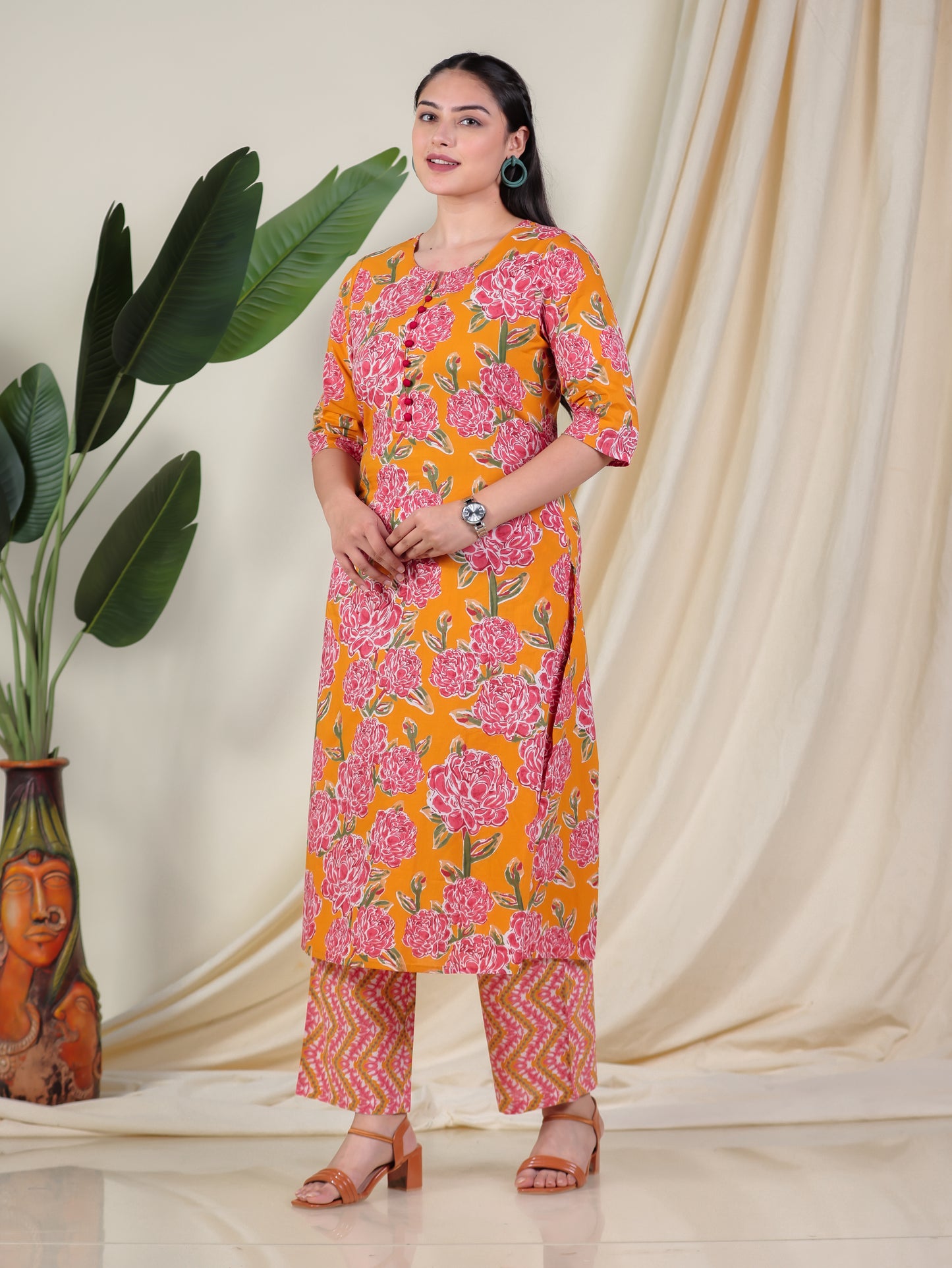 Soft Cotton Floral A-line Yellow Kurta