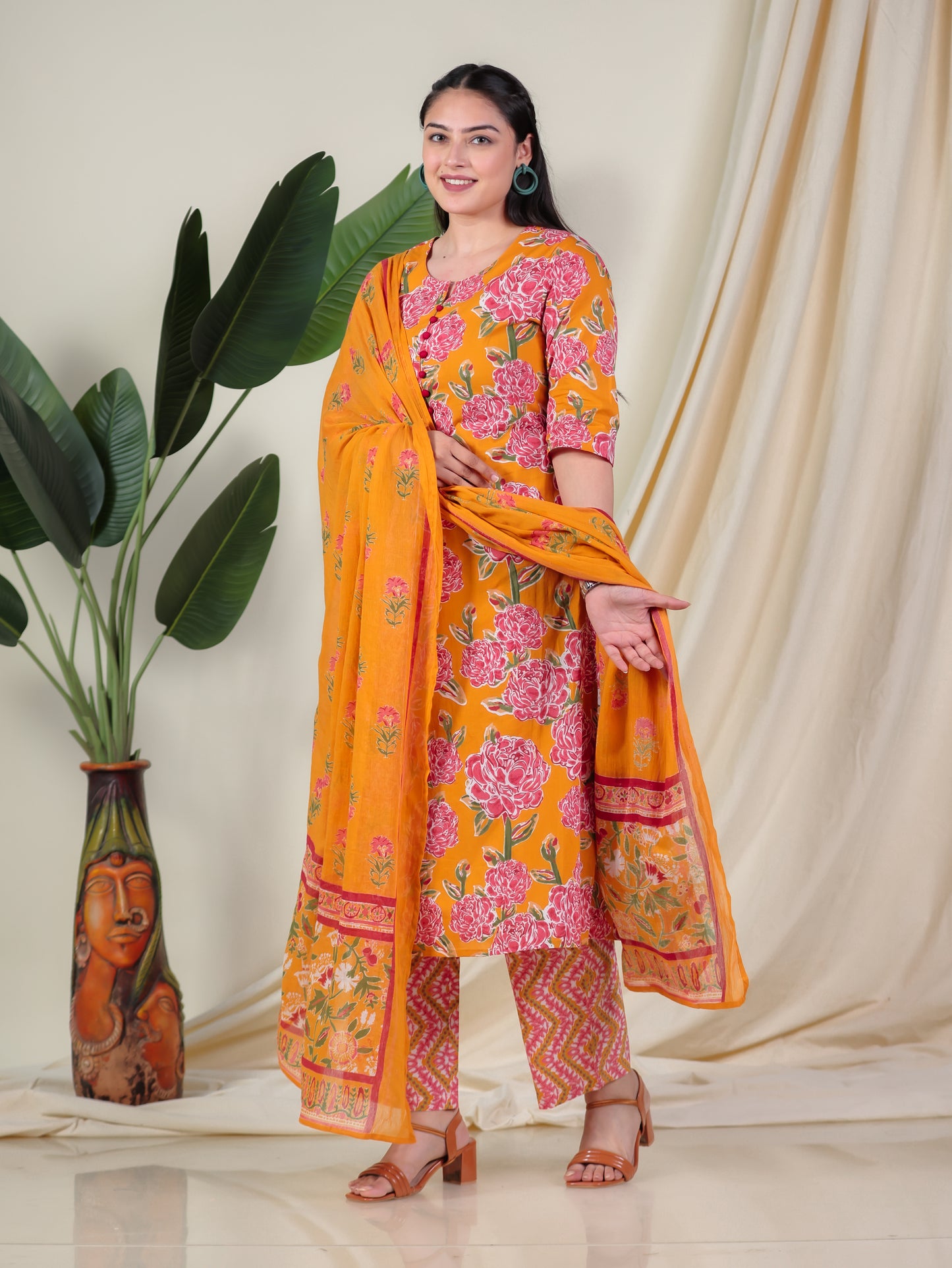 Soft Cotton Floral A-line Yellow Kurta