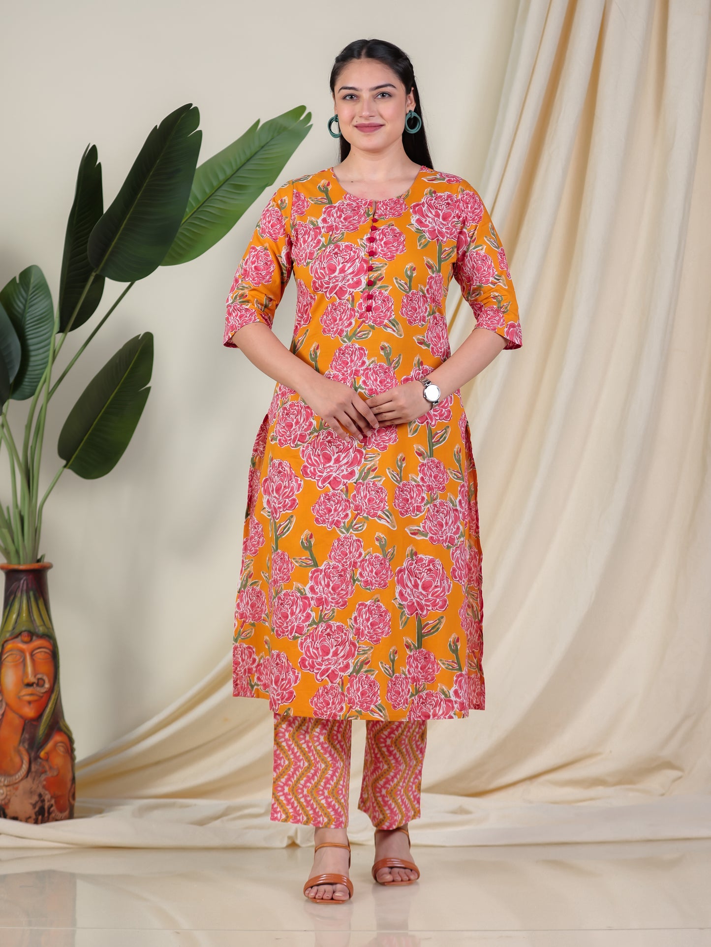 Soft Cotton Floral A-line Yellow Kurta