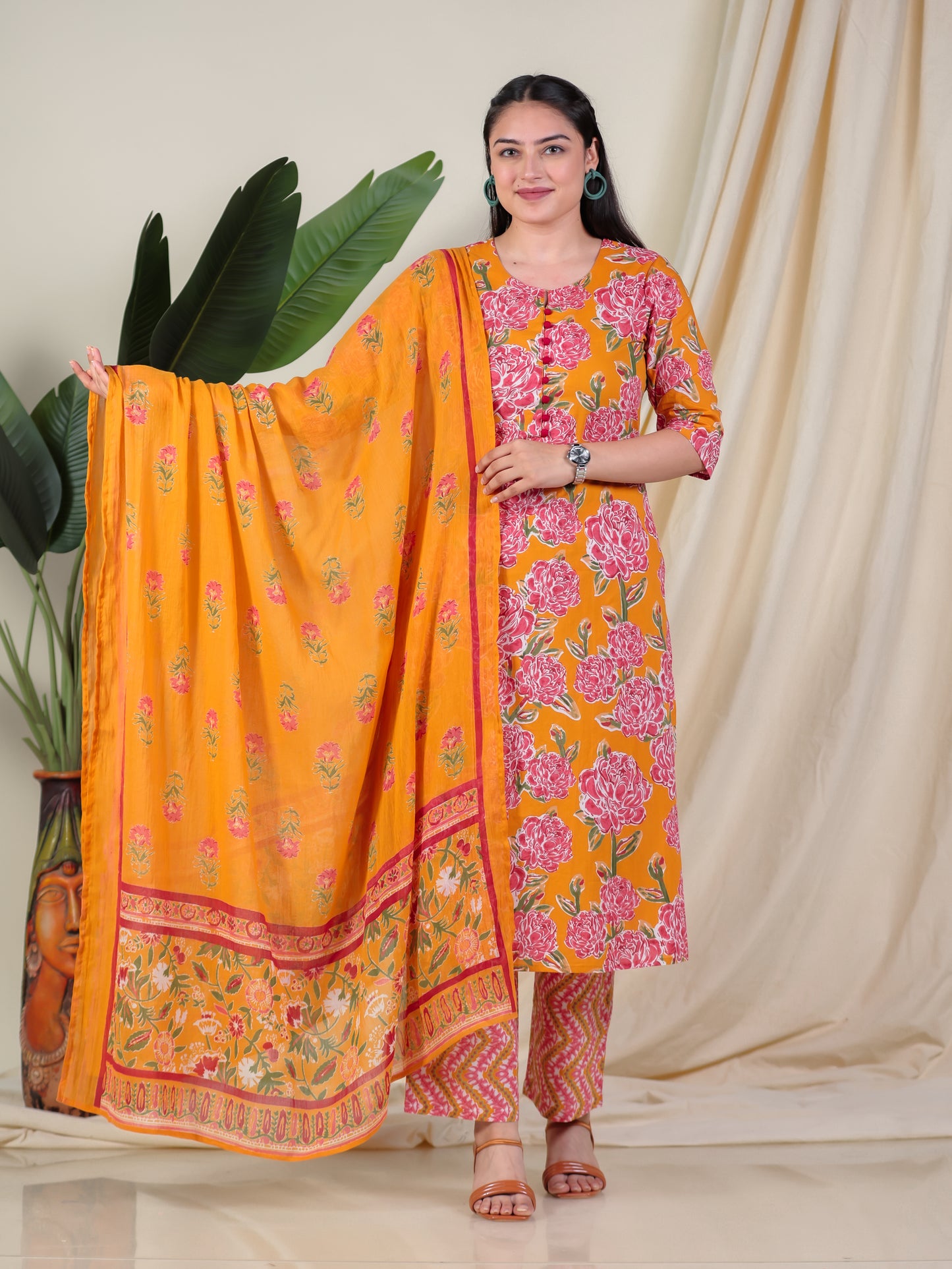 Soft Cotton Floral A-line Yellow Kurta
