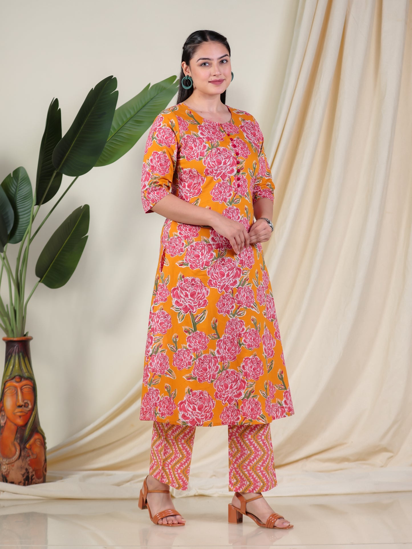 Soft Cotton Floral A-line Yellow Kurta
