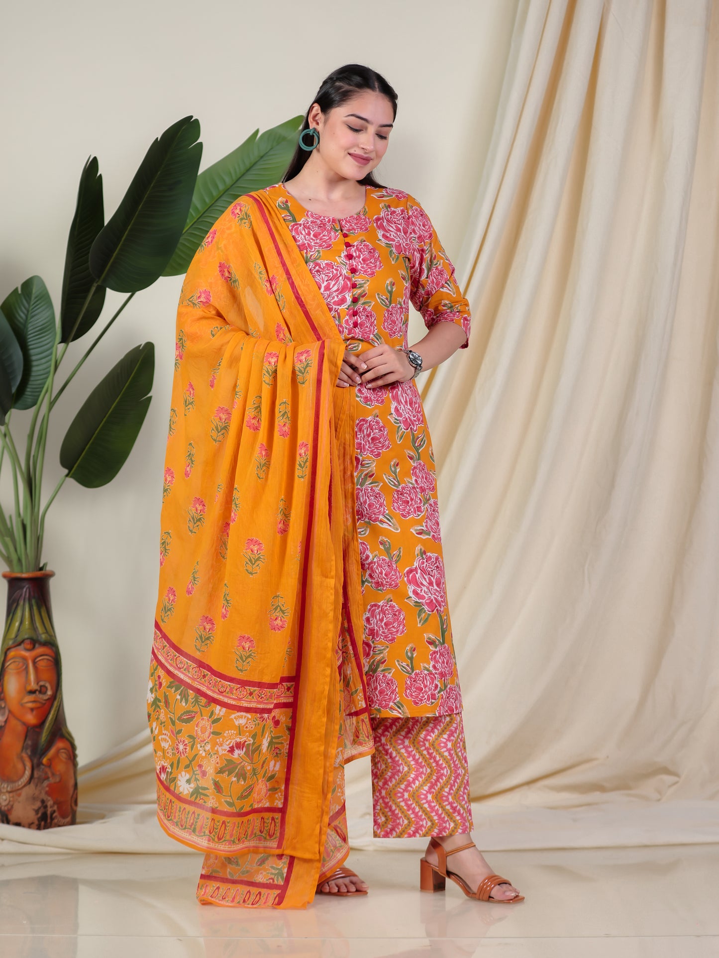 Soft Cotton Floral A-line Yellow Kurta